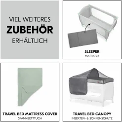 Reisebett XXL-Sparset - Sleep N Play Go Plus inkl. Alvi Reisebett-Matratze + Wasserdichte Betteinlage + 2 Spannbettlaken + Insektenschutz - Dusty Mint