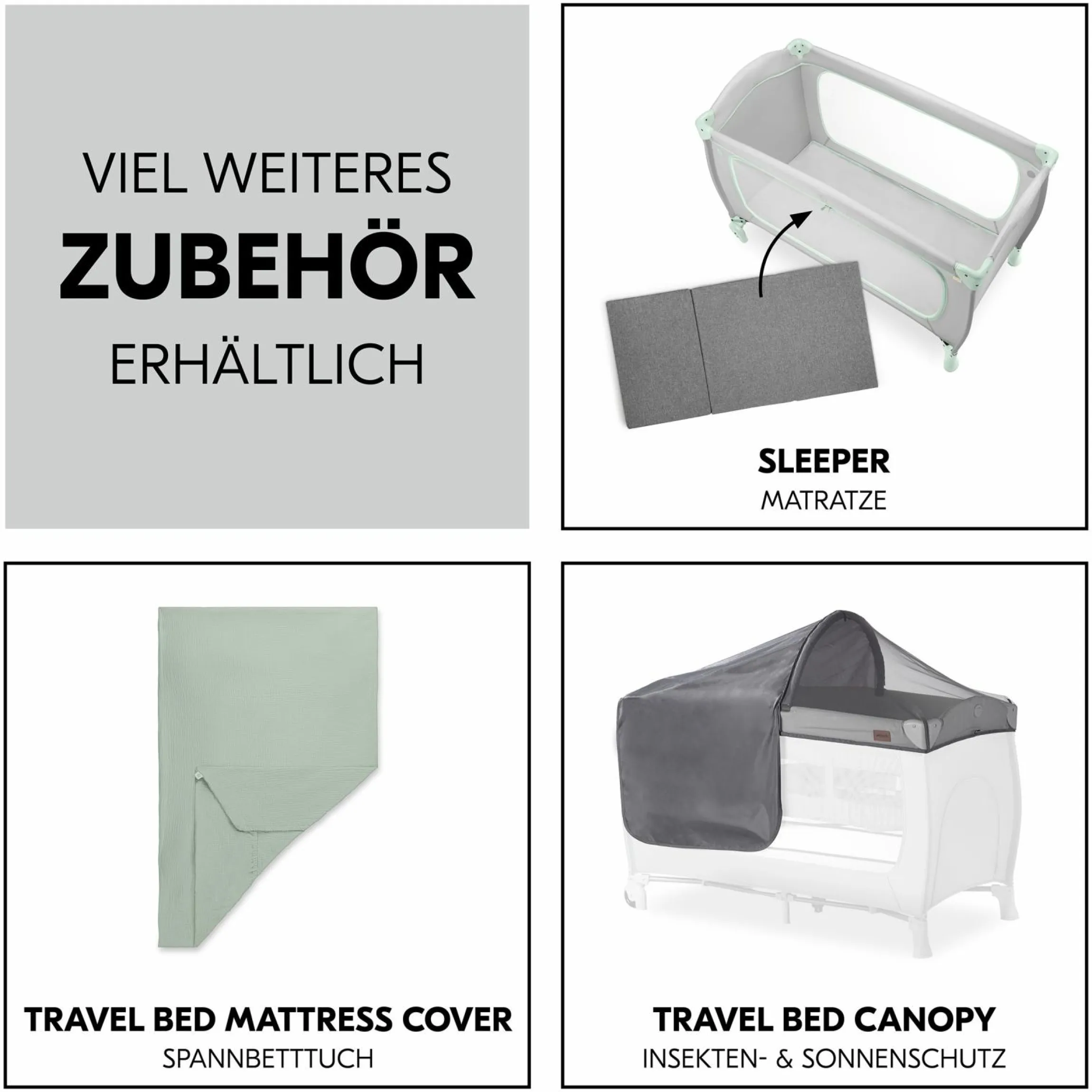 Reisebett XXL-Sparset - Sleep N Play Go Plus inkl. Alvi Reisebett-Matratze + Wasserdichte Betteinlage + 2 Spannbettlaken + Insektenschutz - Dusty Mint