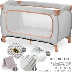Reisebett XXL-Sparset - Sleep N Play Go Plus inkl. Alvi Reisebett-Matratze + Wasserdichte Betteinlage + 2 Spannbettlaken + Insektenschutz - Dusty Cork
