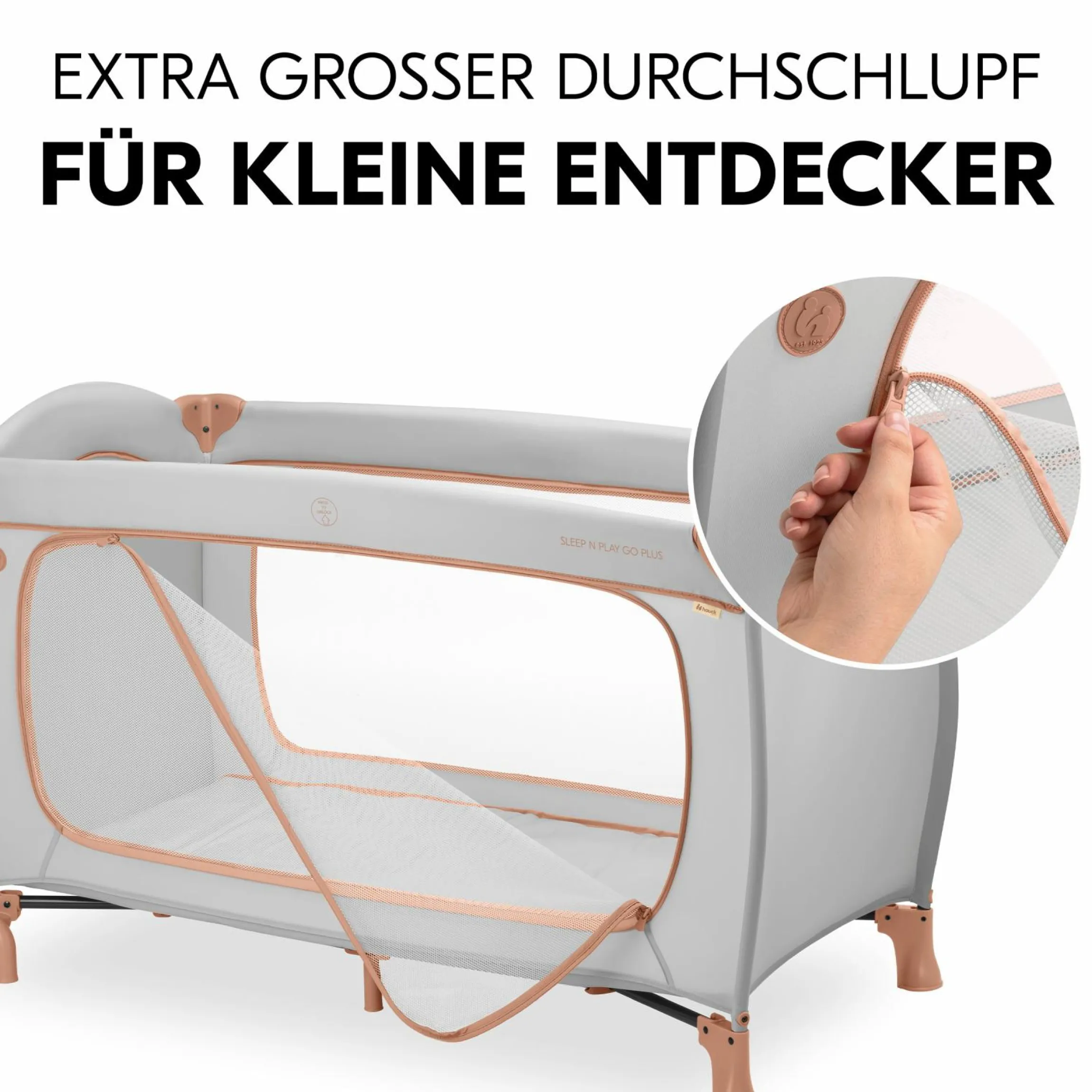 Reisebett XXL-Sparset - Sleep N Play Go Plus inkl. Alvi Reisebett-Matratze + Wasserdichte Betteinlage + 2 Spannbettlaken + Insektenschutz - Dusty Cork