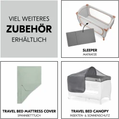 Reisebett XXL-Sparset - Sleep N Play Go Plus inkl. Alvi Reisebett-Matratze + Wasserdichte Betteinlage + 2 Spannbettlaken + Insektenschutz - Dusty Cork