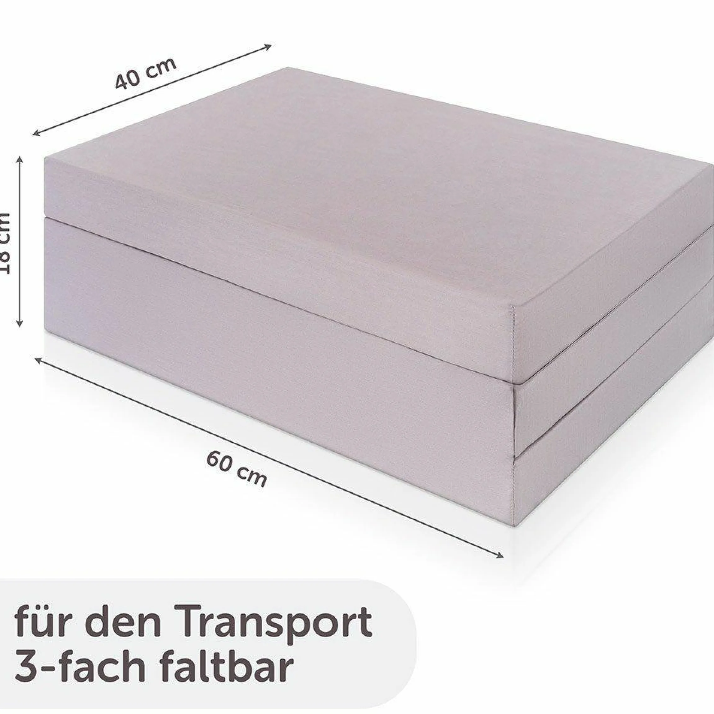 Reisebettmatratze Komfort - 60 x 120 cm / Höhe 6 cm, atmungsaktiv, waschbar, schadstoffgeprüft - Grau