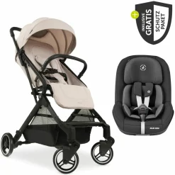 Reisebuggy & Sportwagen Travel N Care mit Liegefunktion, nur 6,8 kg (bis 22 kg belastbar) inkl. Reboarder Pearl Pro 2 & XXL Zubehörpaket - Beige