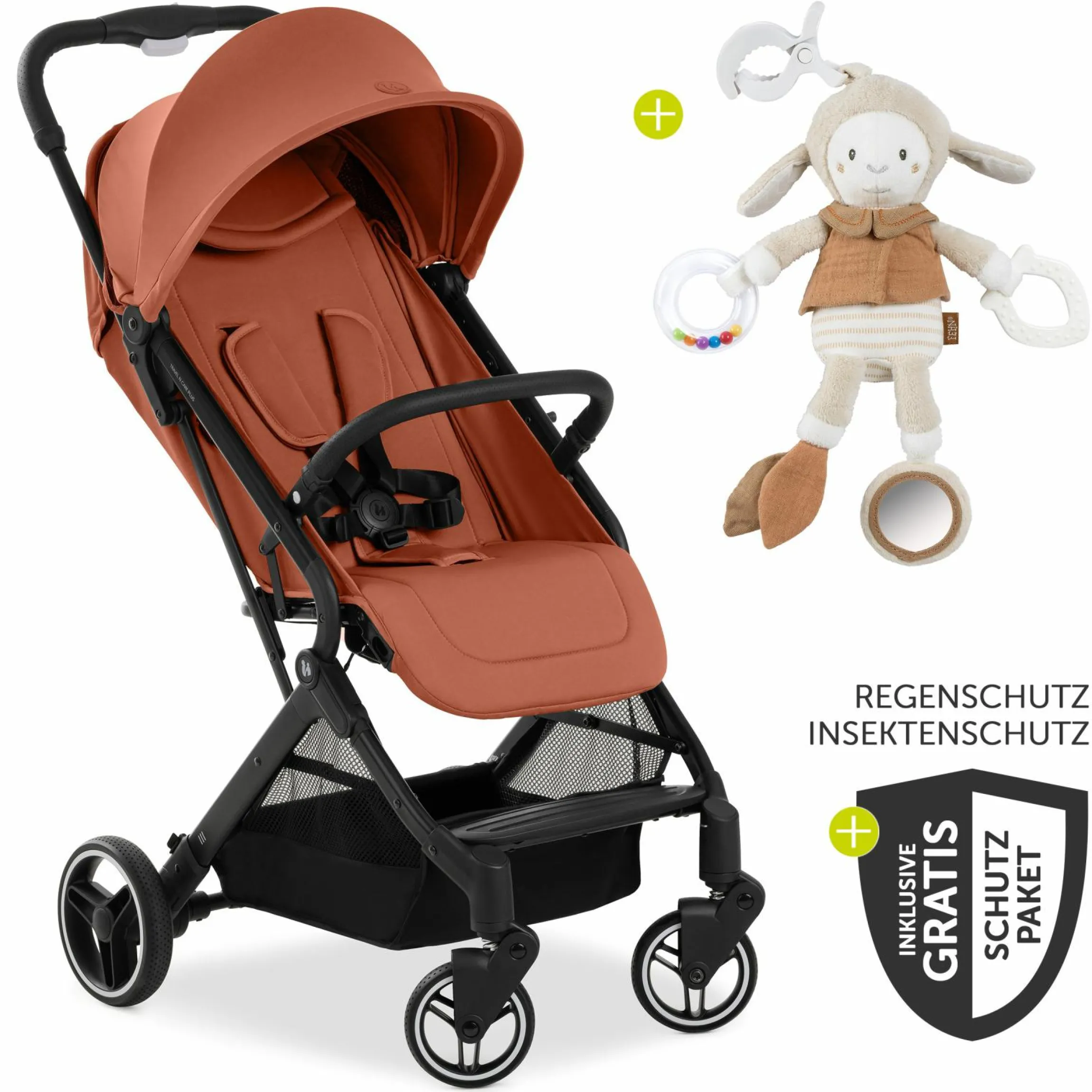 Reisebuggy & Sportwagen Travel N Care Plus mit Liegefunktion (nur 7,2 kg) - inkl. XXL Zubehörpaket & Fehn Spieltier Schäfchen - Cork