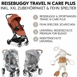 Reisebuggy & Sportwagen Travel N Care Plus mit Liegefunktion (nur 7,2 kg) - inkl. XXL Zubehörpaket & Fehn Spieltier Schäfchen - Cork