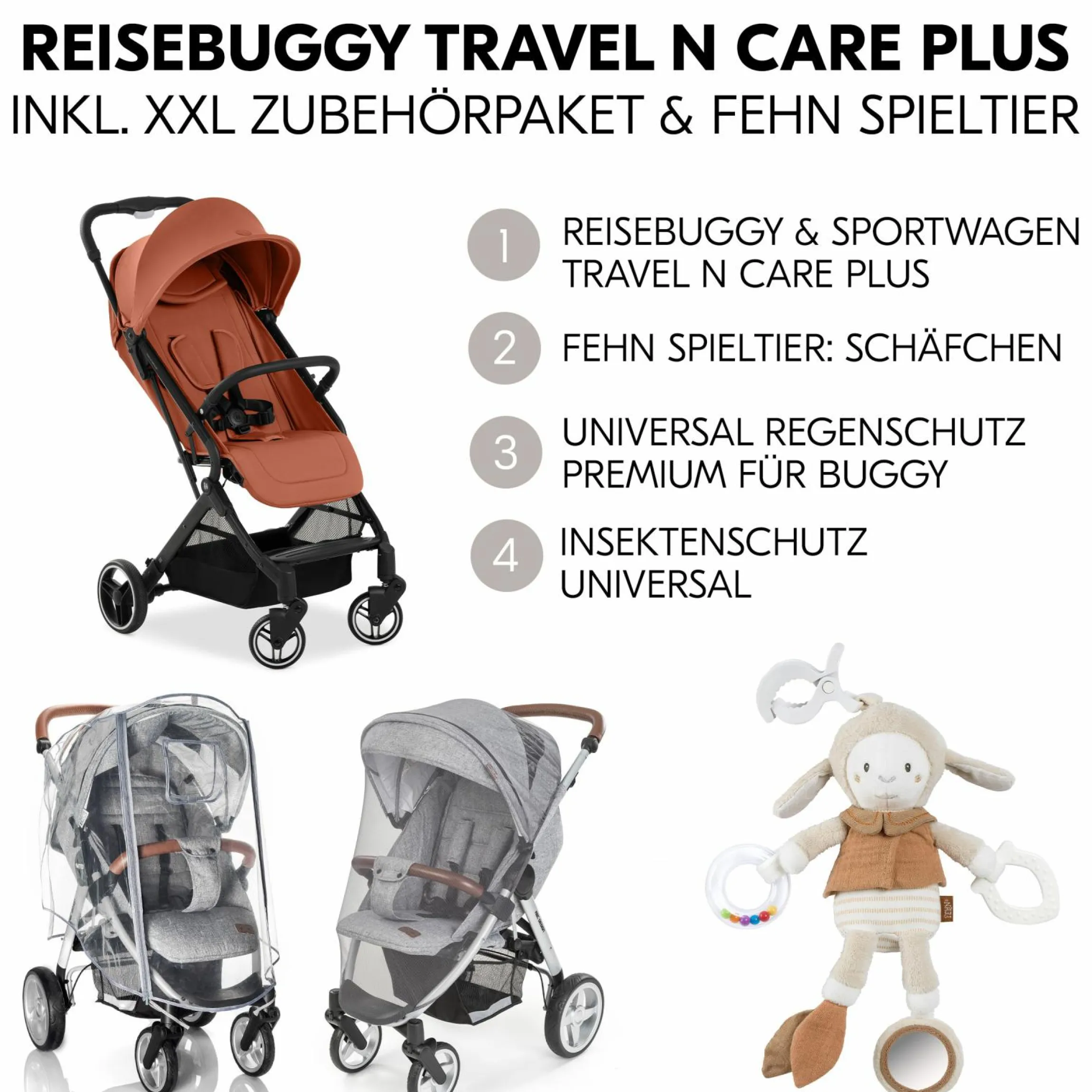 Reisebuggy & Sportwagen Travel N Care Plus mit Liegefunktion (nur 7,2 kg) - inkl. XXL Zubehörpaket & Fehn Spieltier Schäfchen - Cork