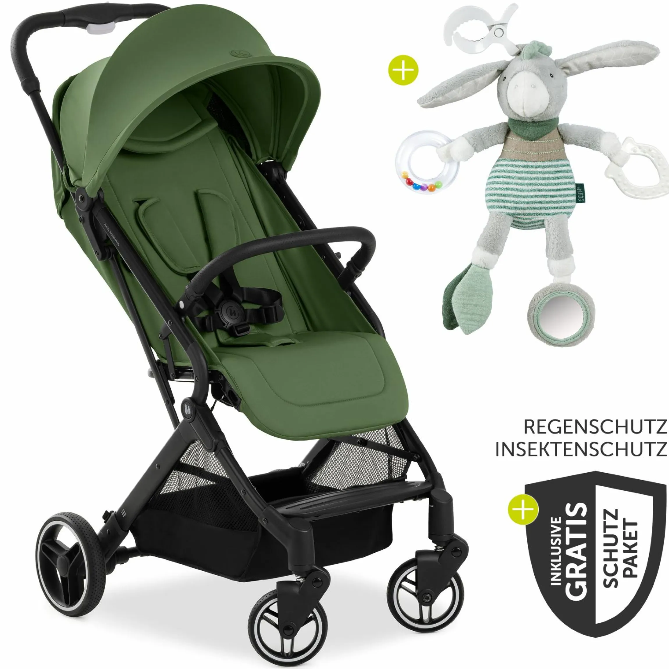 Reisebuggy & Sportwagen Travel N Care Plus mit Liegefunktion (nur 7,2 kg) - inkl. XXL Zubehörpaket & Fehn Spieltier Eselchen - Green