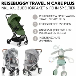 Reisebuggy & Sportwagen Travel N Care Plus mit Liegefunktion (nur 7,2 kg) - inkl. XXL Zubehörpaket & Fehn Spieltier Eselchen - Green