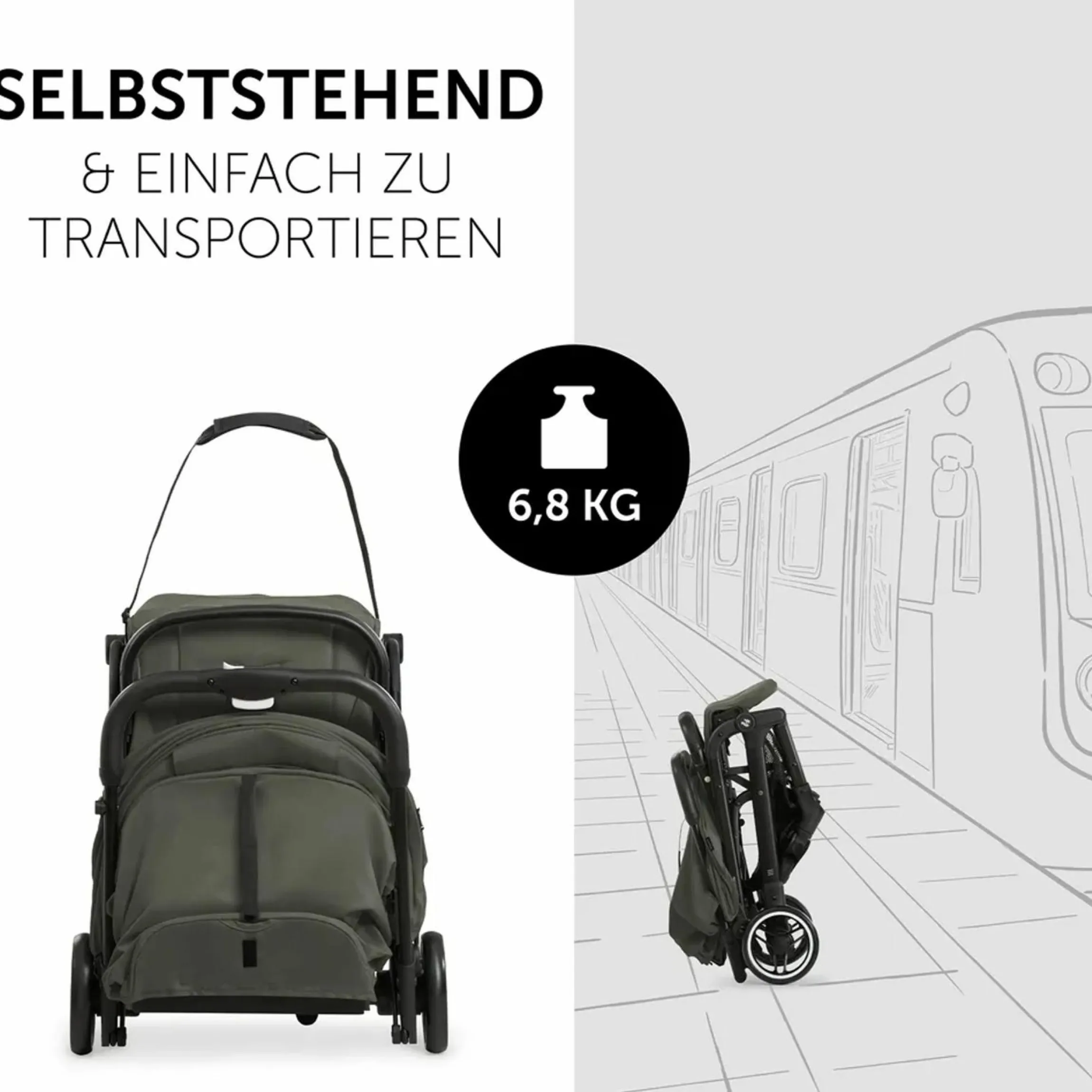 Reisebuggy & Sportwagen Travel N Care mit Liegefunktion, nur 6,8 kg (bis 22 kg belastbar) inkl. Reboarder Pearl Pro 2 - Dark Olive