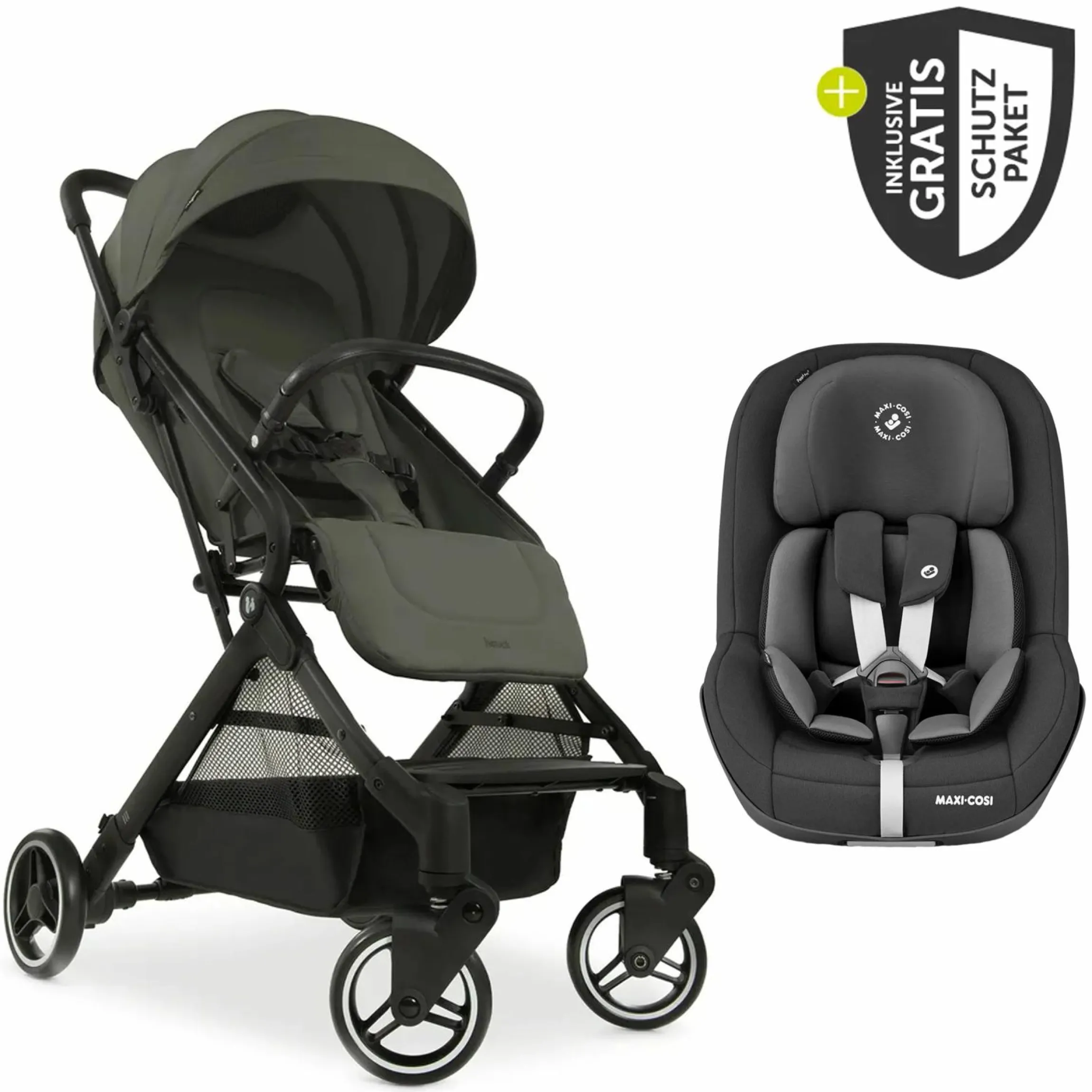 Reisebuggy & Sportwagen Travel N Care mit Liegefunktion, nur 6,8 kg (bis 22 kg belastbar) inkl. Reboarder Pearl Pro 2 & XXL Zubehörpaket - Dark Olive