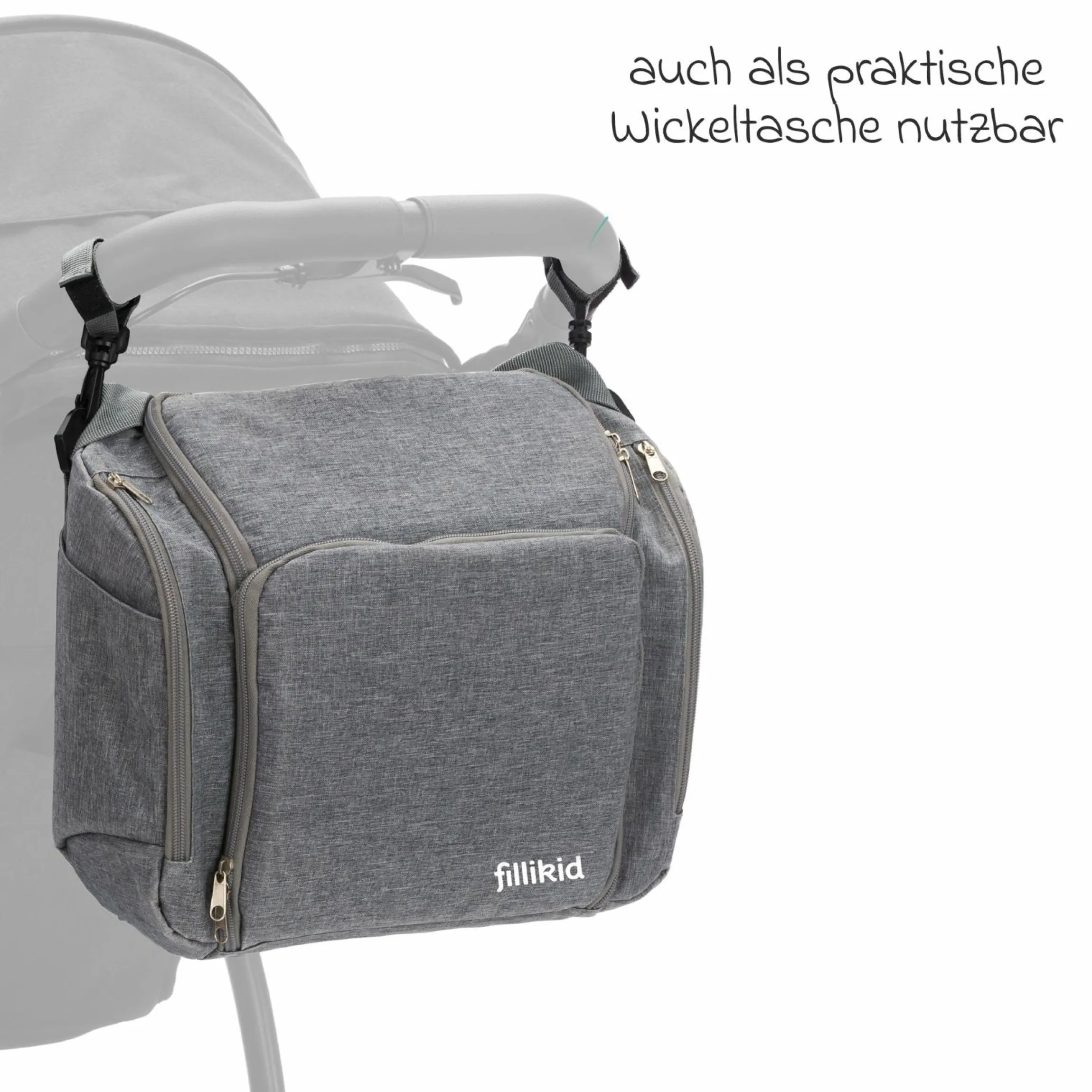 Reise-Sitzpolster Sitzerhöhung inkl. Kinderwagenbefestigung, 2 Thermofächer & extra großes Fach - Grau Melange
