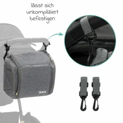 Reise-Sitzpolster Sitzerhöhung inkl. Kinderwagenbefestigung, 2 Thermofächer & extra großes Fach - Grau Melange