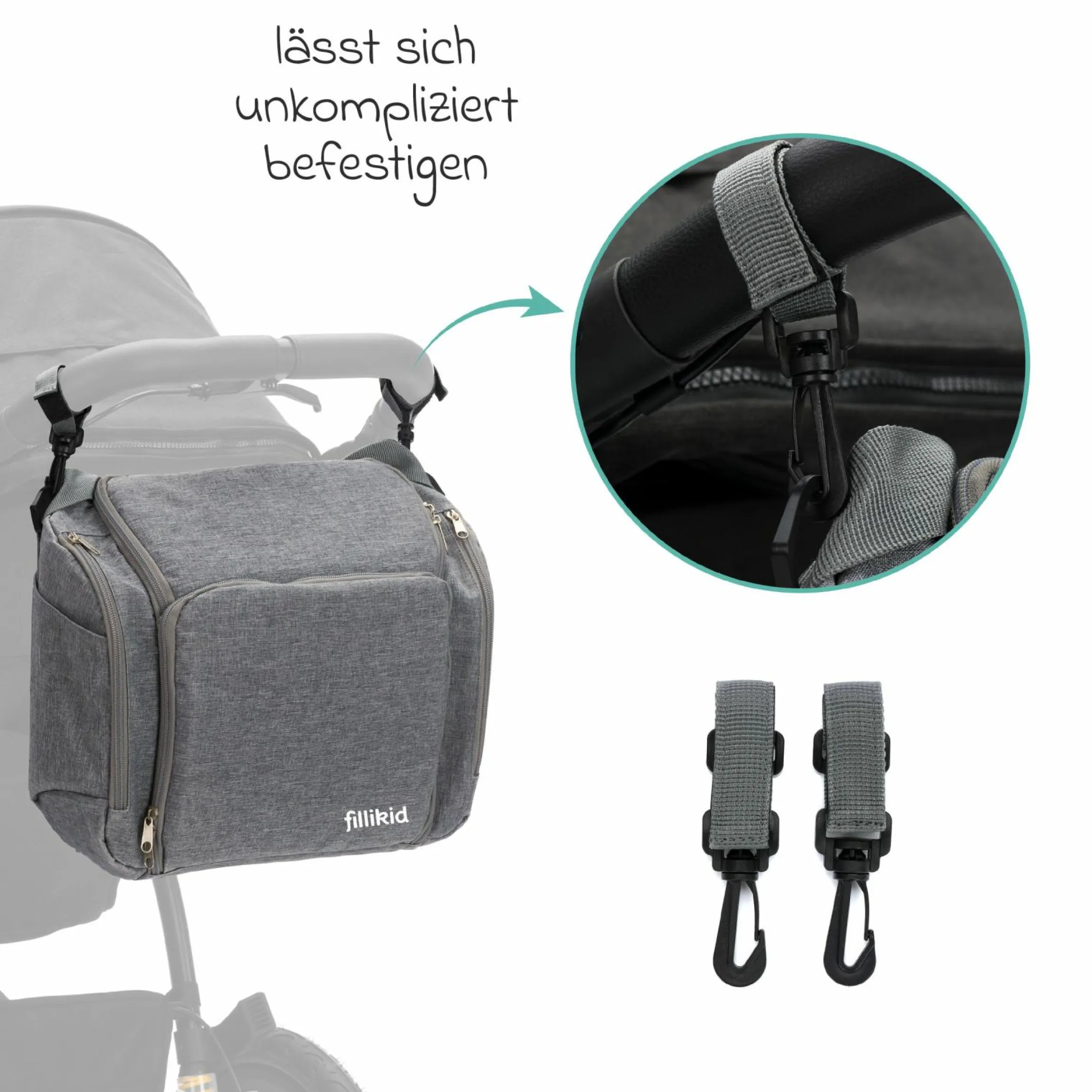 Reise-Sitzpolster Sitzerhöhung inkl. Kinderwagenbefestigung, 2 Thermofächer & extra großes Fach - Grau Melange