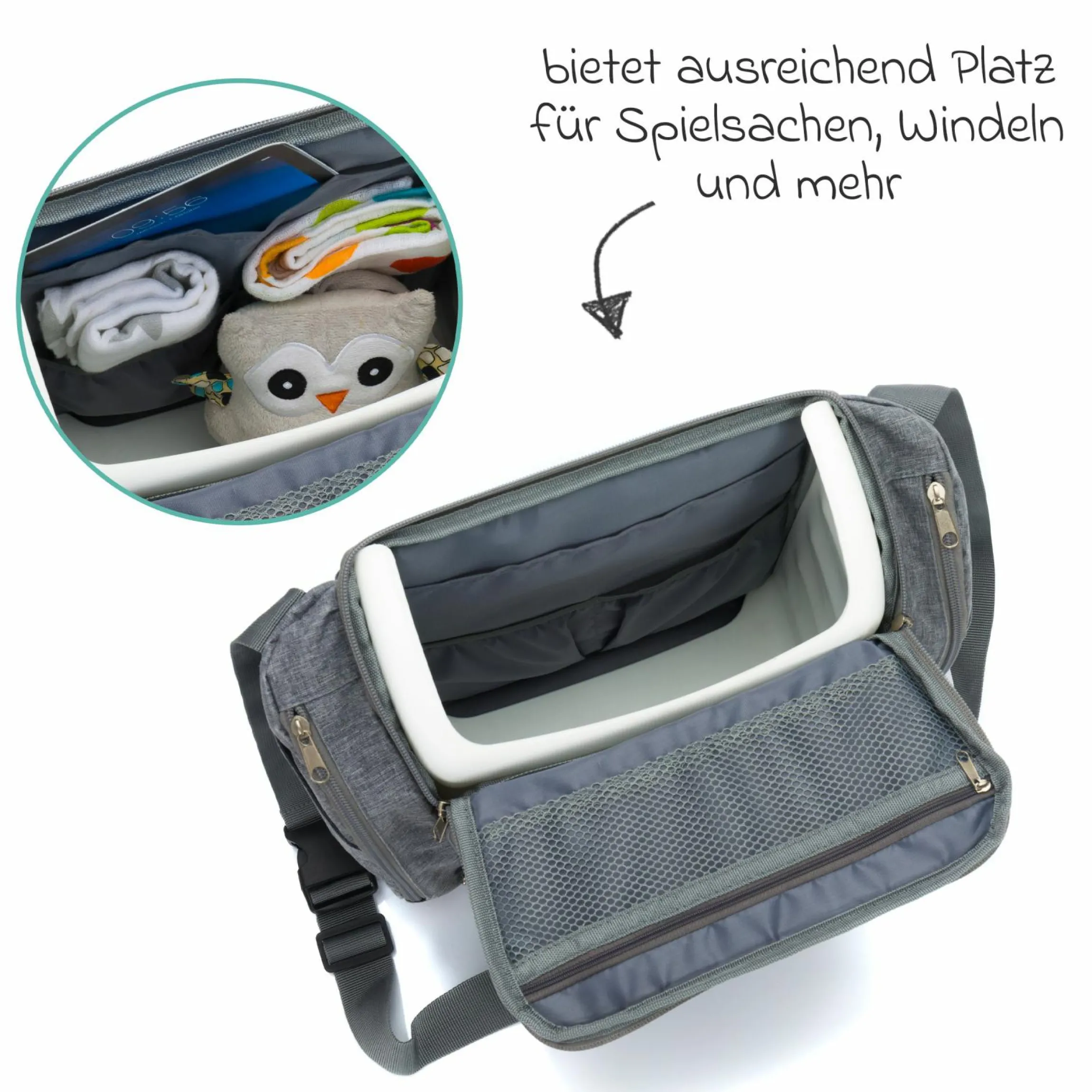 Reise-Sitzpolster Sitzerhöhung inkl. Kinderwagenbefestigung, 2 Thermofächer & extra großes Fach - Grau Melange