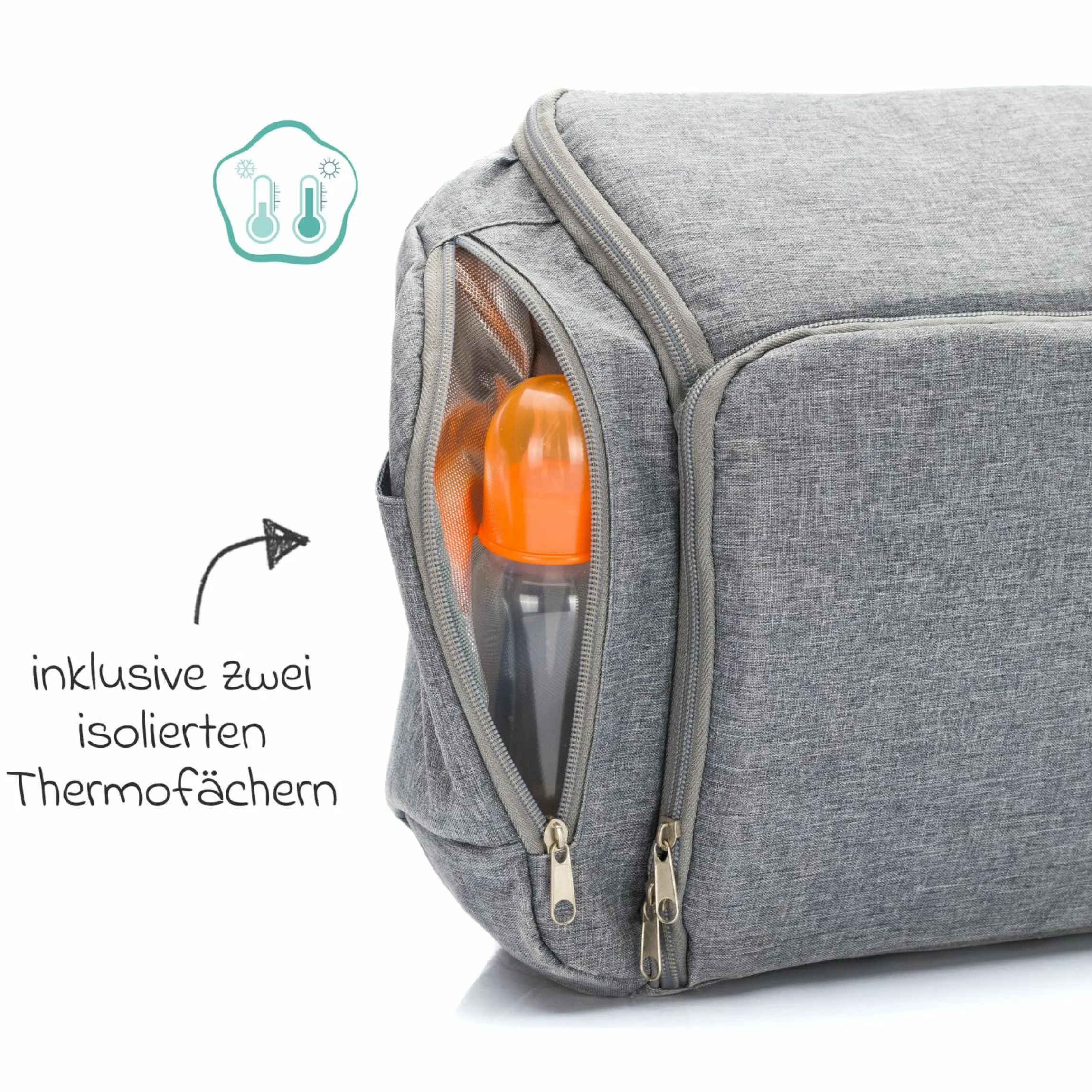 Reise-Sitzpolster Sitzerhöhung inkl. Kinderwagenbefestigung, 2 Thermofächer & extra großes Fach - Grau Melange