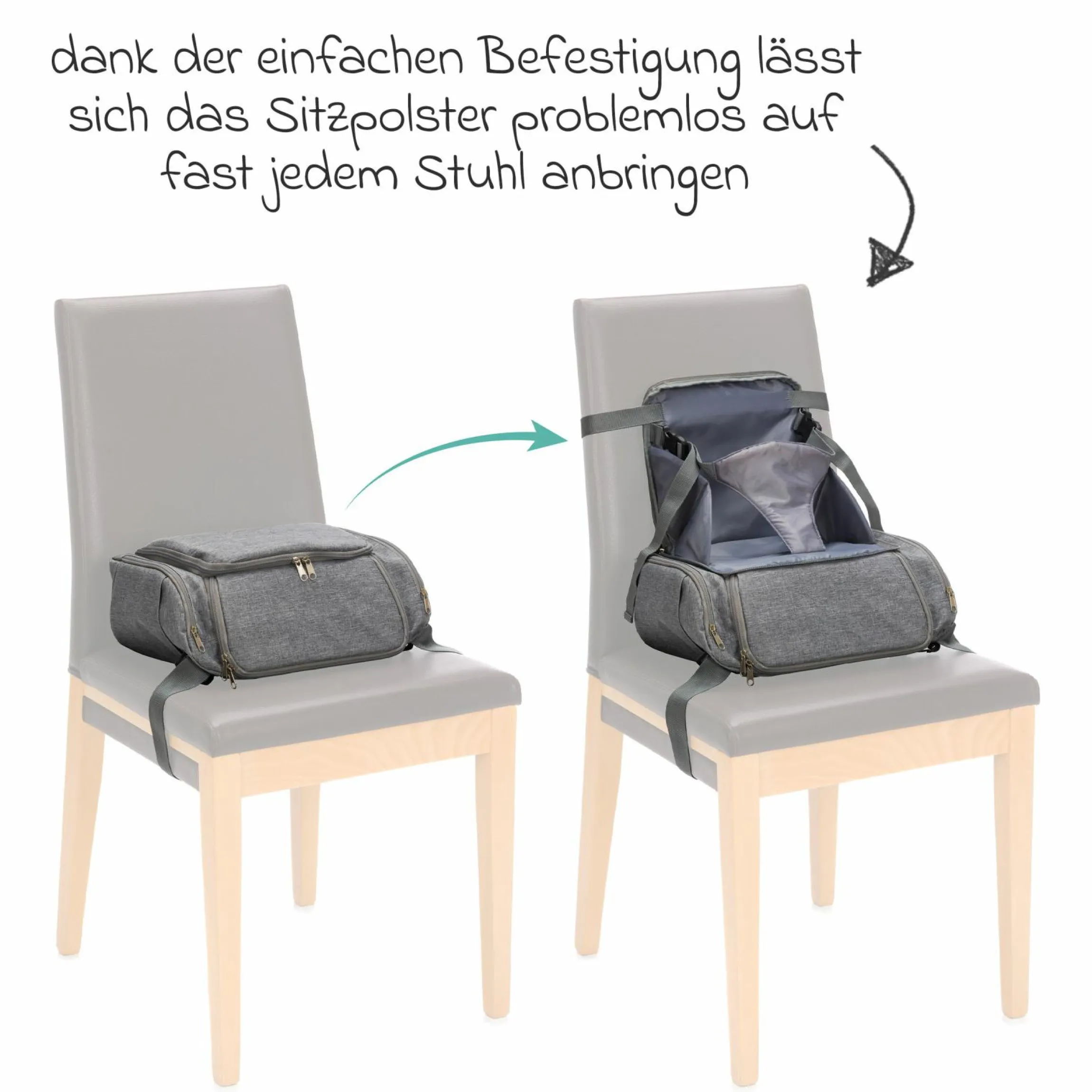 Reise-Sitzpolster Sitzerhöhung inkl. Kinderwagenbefestigung, 2 Thermofächer & extra großes Fach - Grau Melange