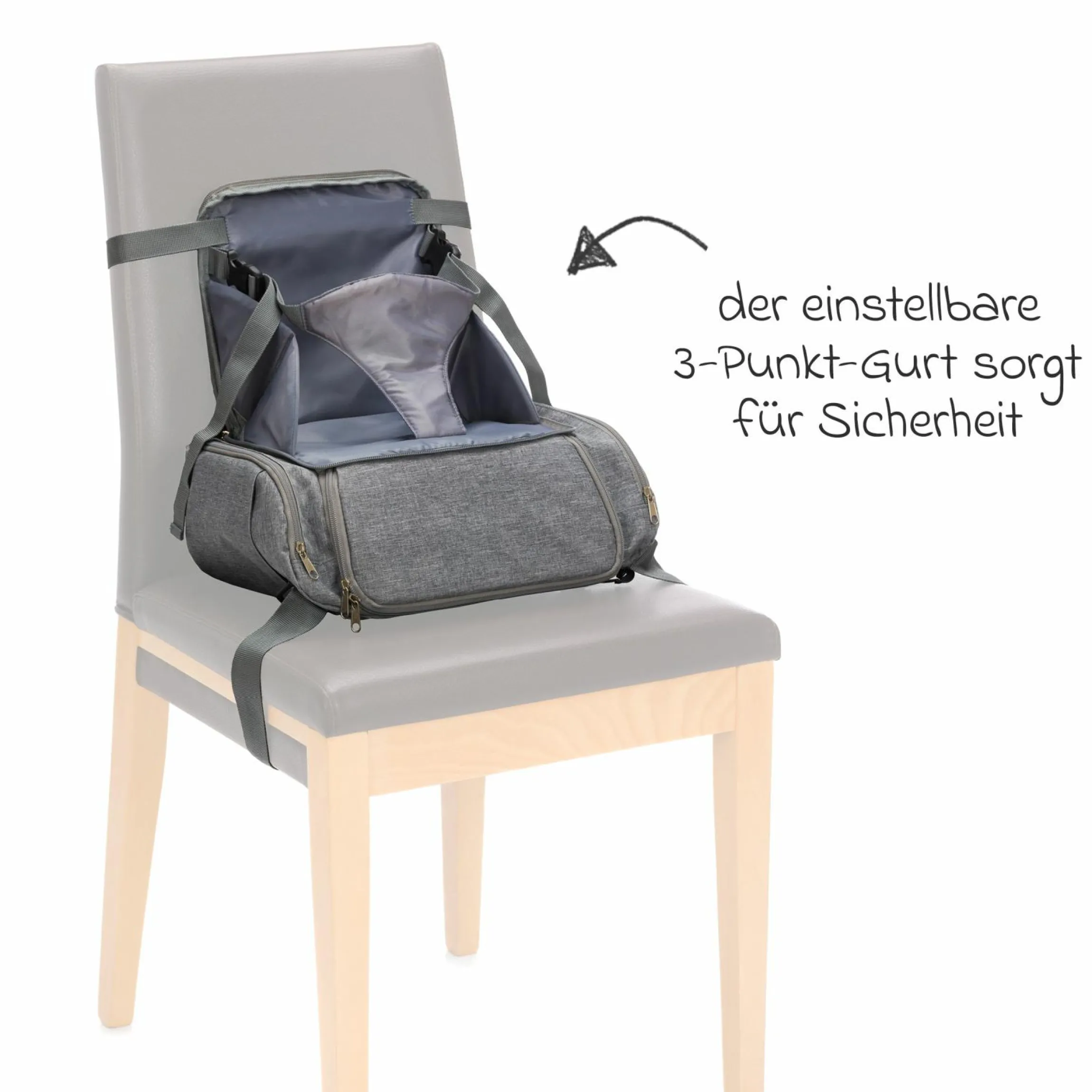 Reise-Sitzpolster Sitzerhöhung inkl. Kinderwagenbefestigung, 2 Thermofächer & extra großes Fach - Grau Melange