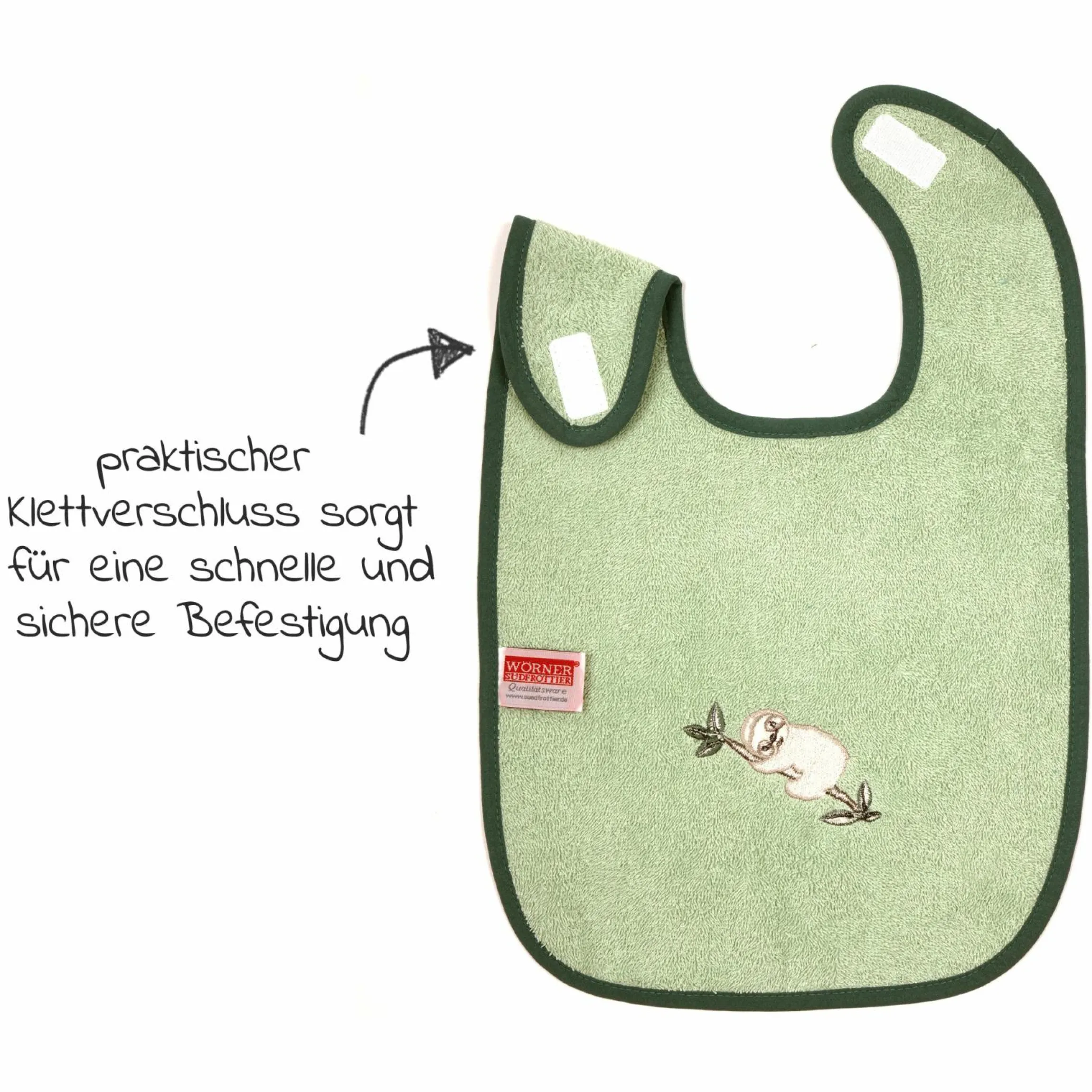 Riesen-Klettlätzchen 30 x 45 cm - Stickerei Faultier - Hellolivgrün