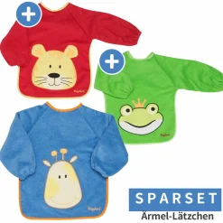 Ärmel-Lätzchen 3er Pack - Giraffe Blau, Tiger Rot & Frosch Grün