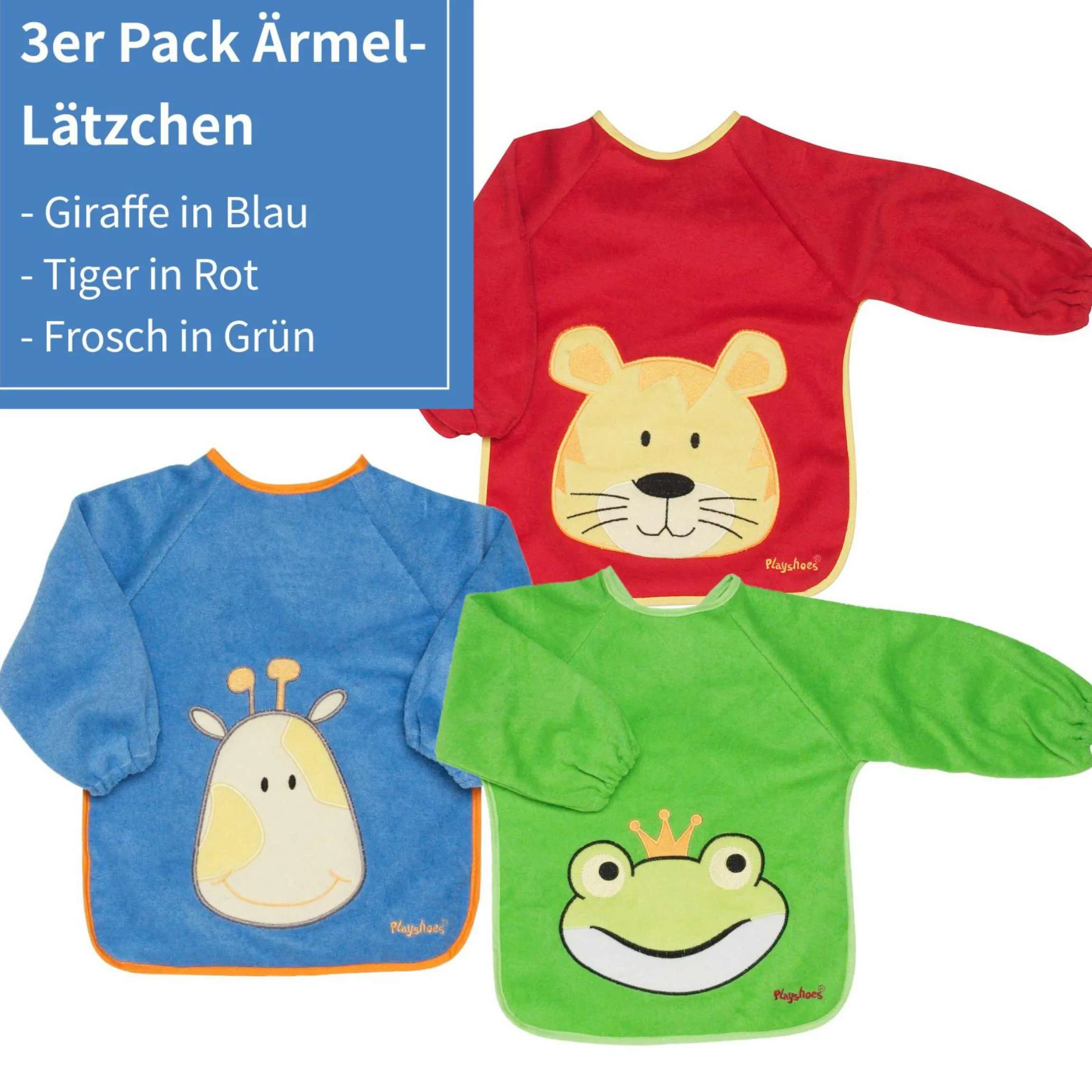 Ärmel-Lätzchen 3er Pack - Giraffe Blau, Tiger Rot & Frosch Grün