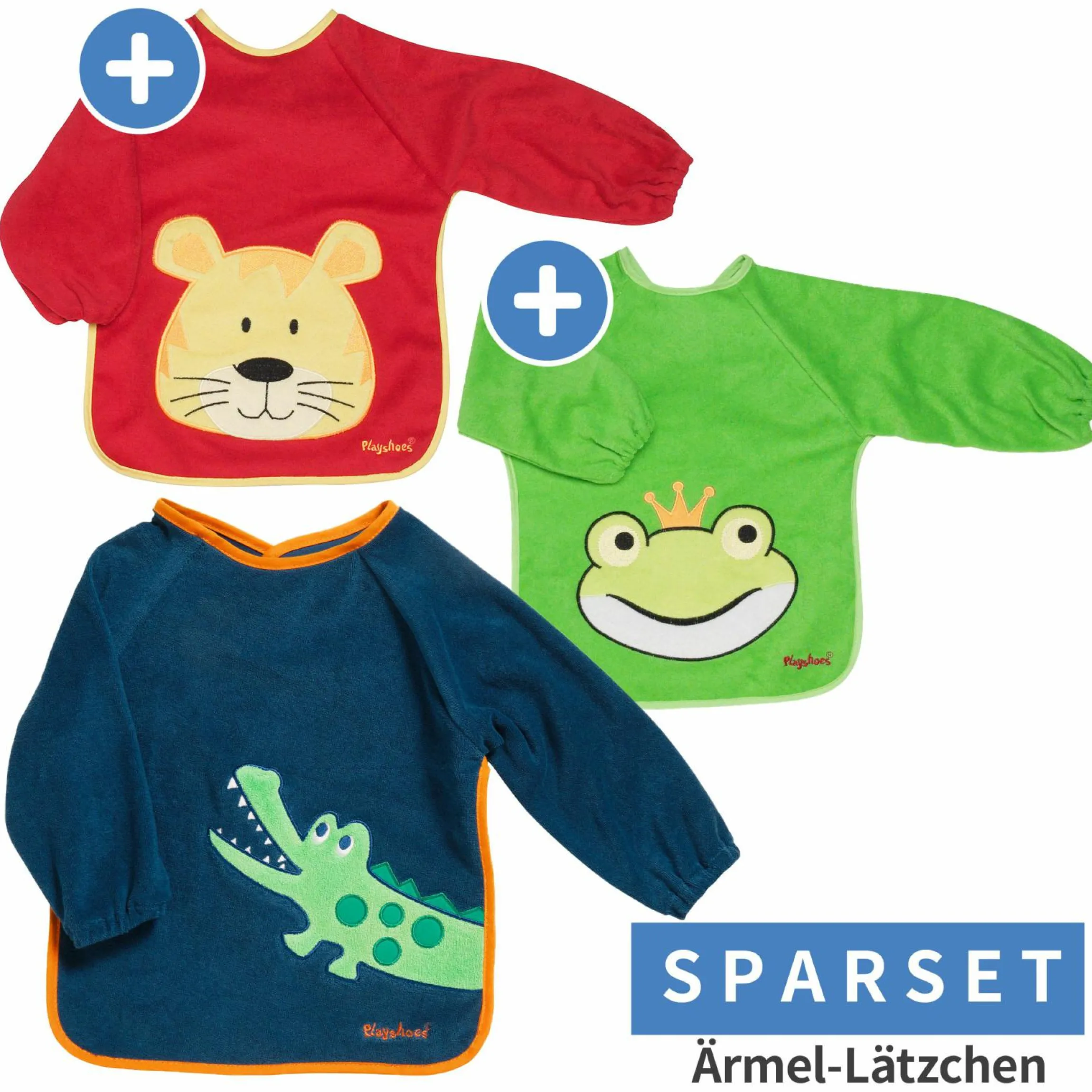 Ärmel-Lätzchen 3er Pack - Krokodil Marine, Tiger Rot & Frosch Grün
