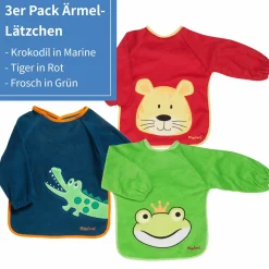 Ärmel-Lätzchen 3er Pack - Krokodil Marine, Tiger Rot & Frosch Grün