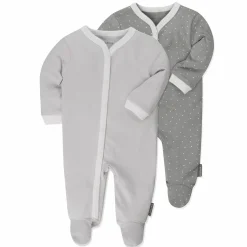 Schlafanzug 2er Pack Strampler Pyjama Einteiler - Grau Uni / Punkte - Gr. 62/68