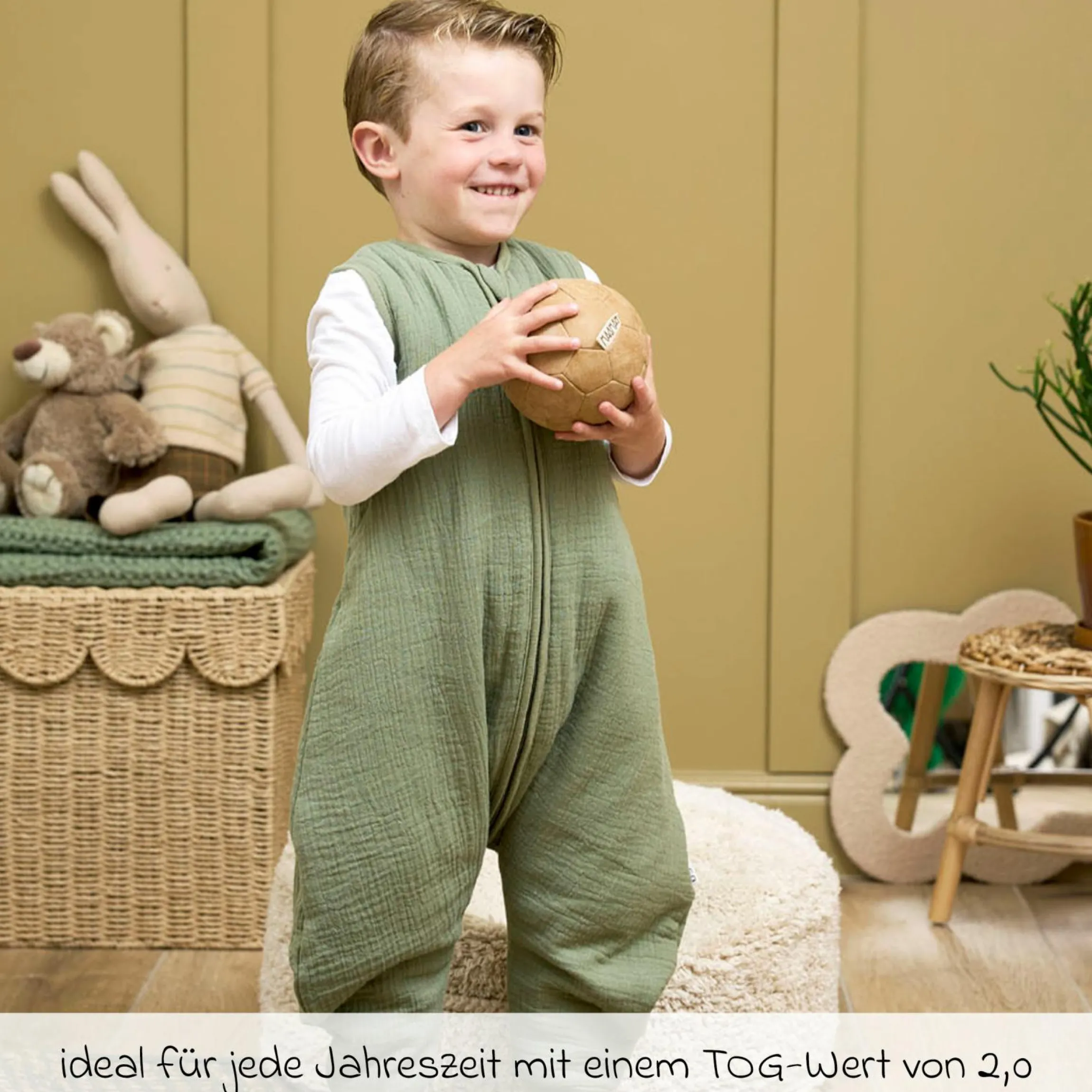 Schlafsack mit Beinen / Schlafoverall Musselin wattiert - Olive Green - Gr. 80 cm