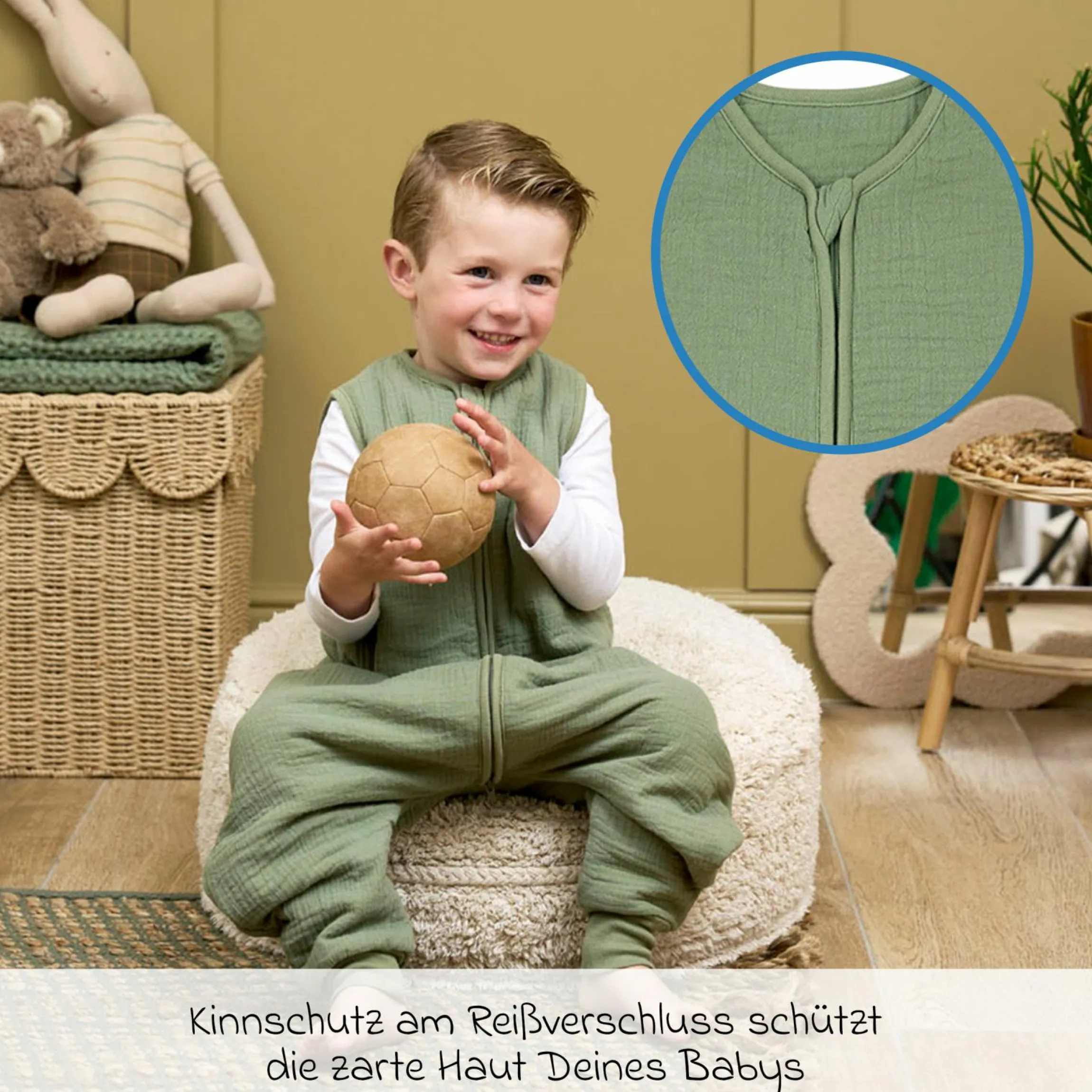 Schlafsack mit Beinen / Schlafoverall Musselin wattiert - Olive Green - Gr. 80 cm