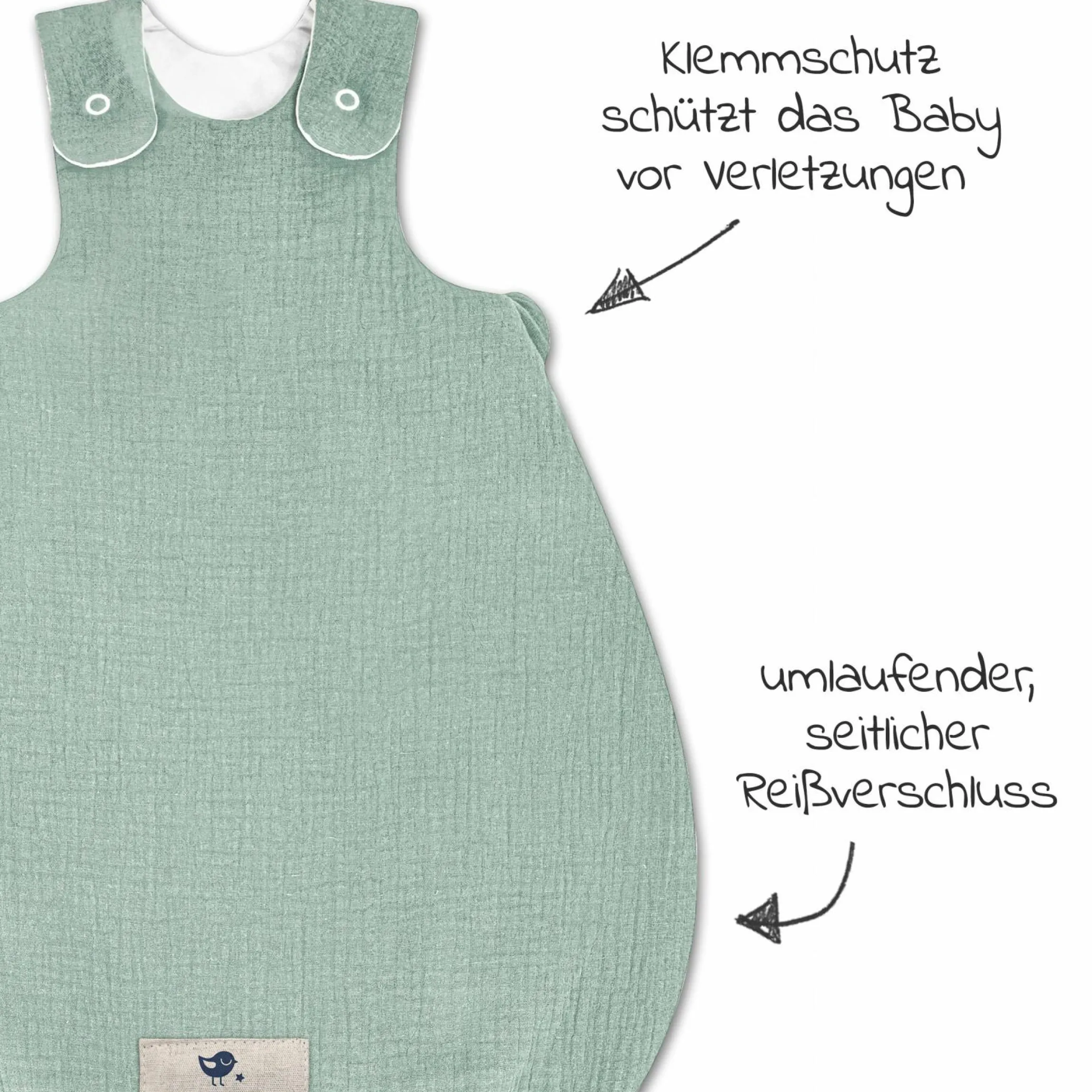 Schlafsack wattiert - Musselin Grün - Gr. 50 / 56