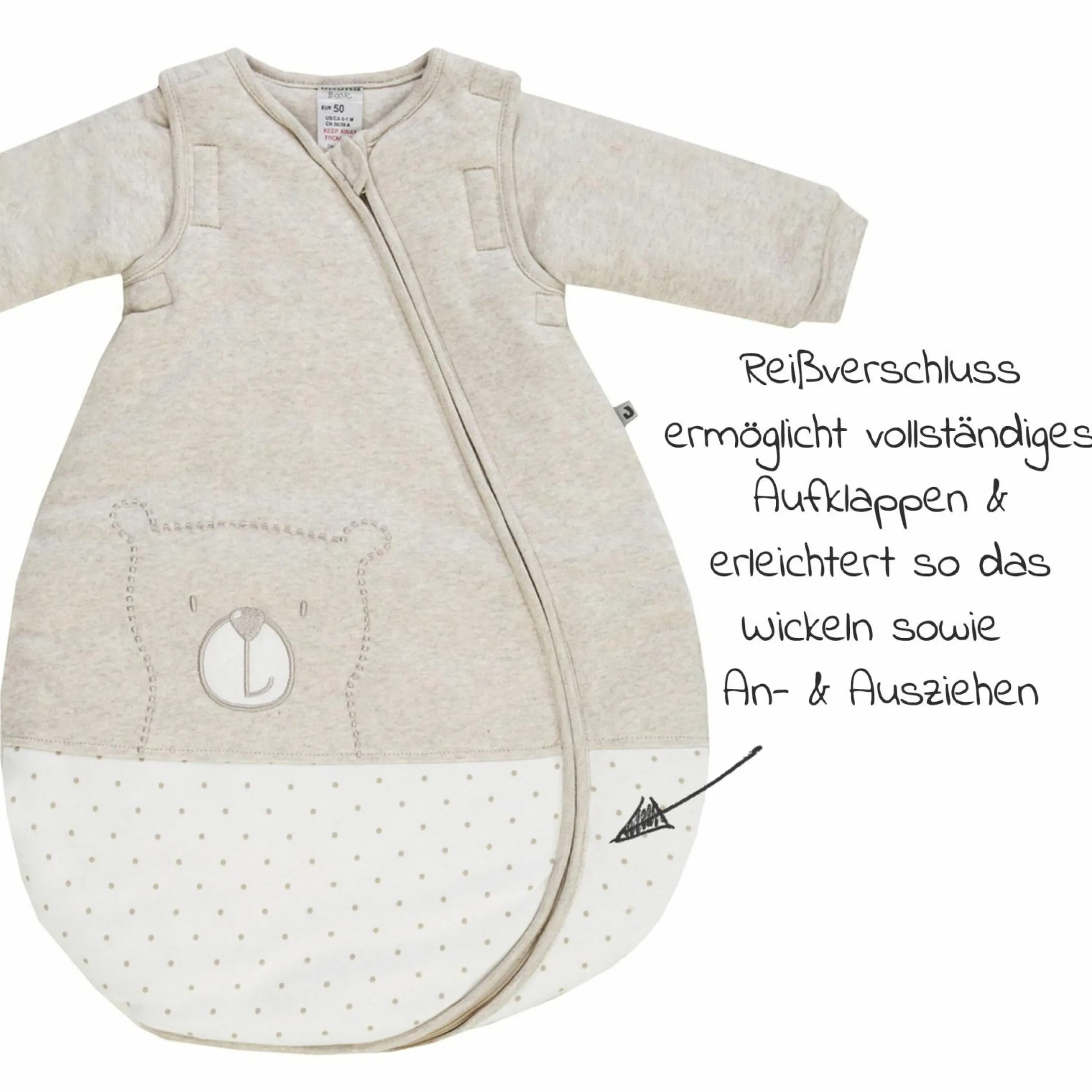 Schlafsack wattiert Ärmel abnehmbar - Badu Bär - Beige - Gr. 74