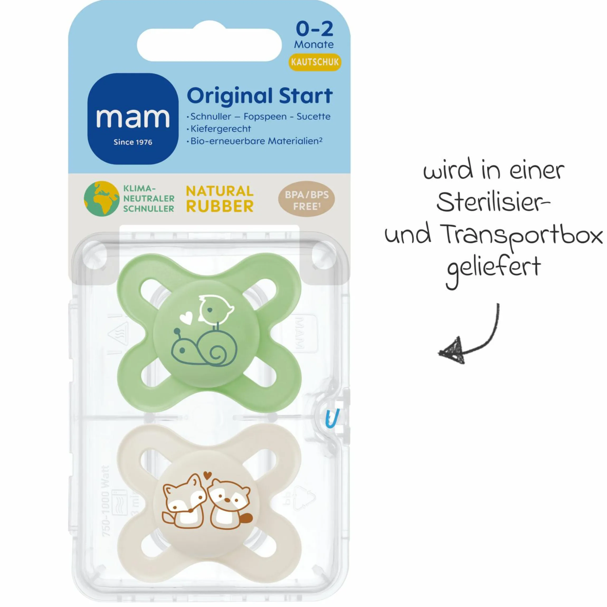 Schnuller 2er Pack Original Start - Naturkautschuk 0-2 M - Grün & Beige