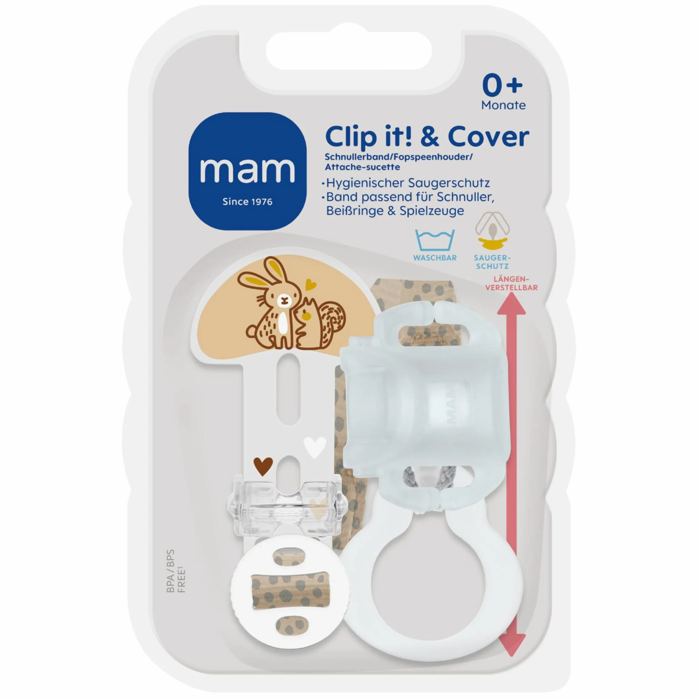 Schnullerband Clip it! mit Cover - Hase