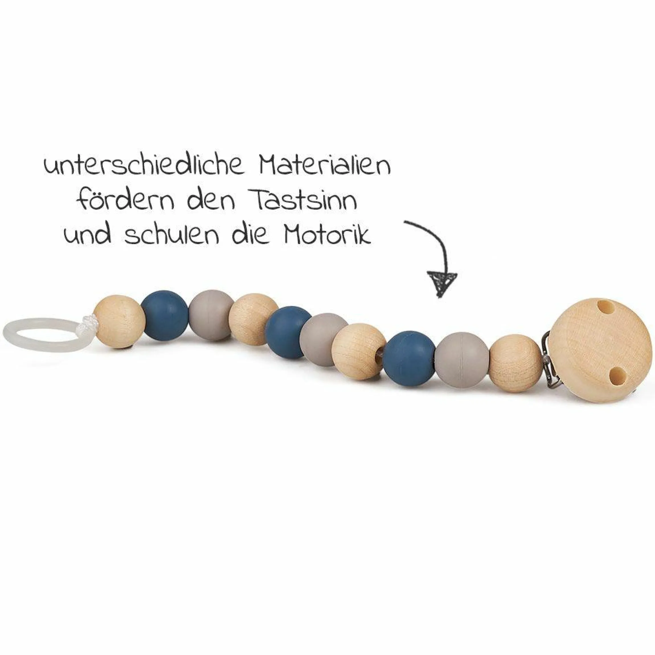 Schnullerkette mit Kautschuk- und Holzperlen - Blau Grau