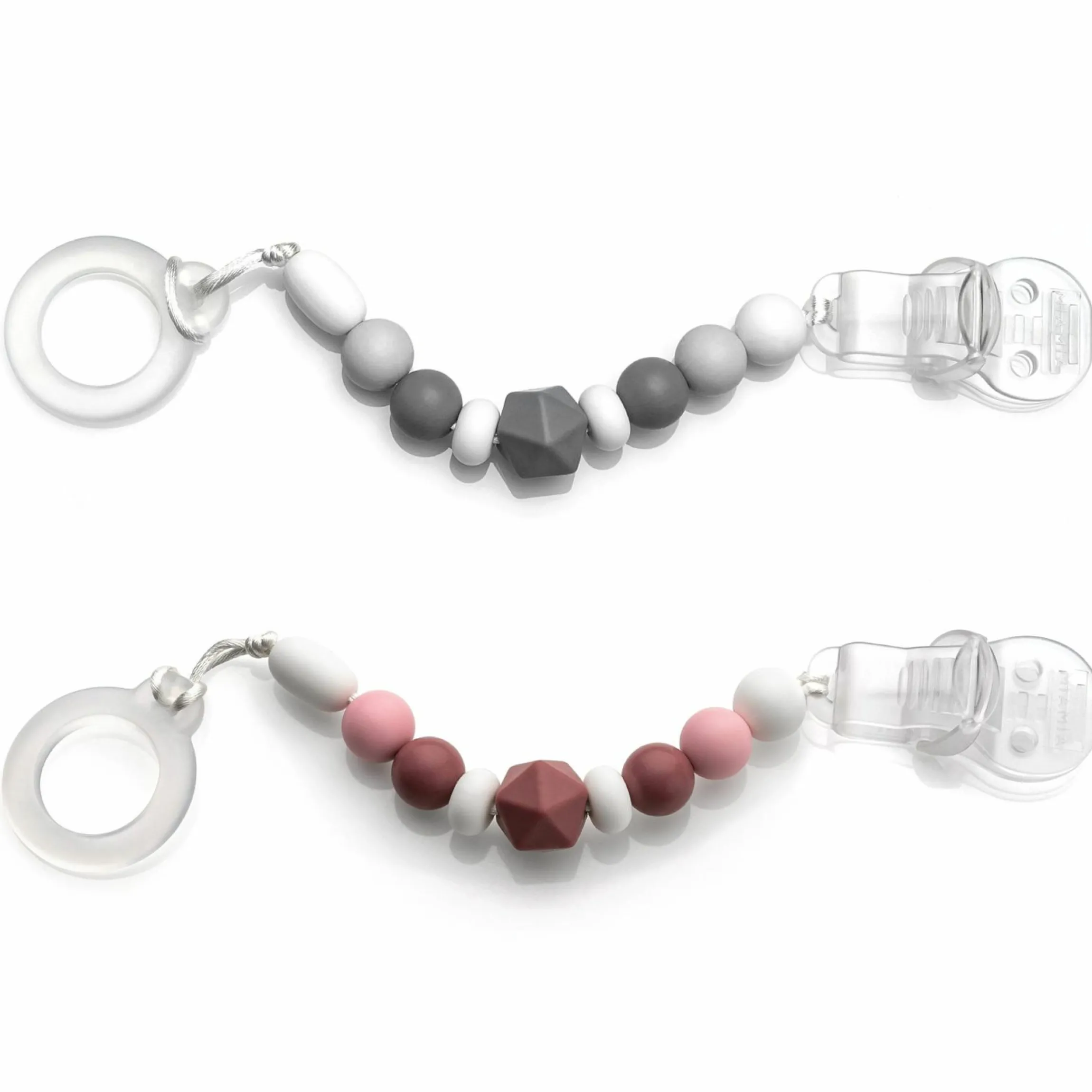 Schnullerkette mit Silikon-Perlen & Gummiring inkl. Clip - 2er Set - Grau Beere