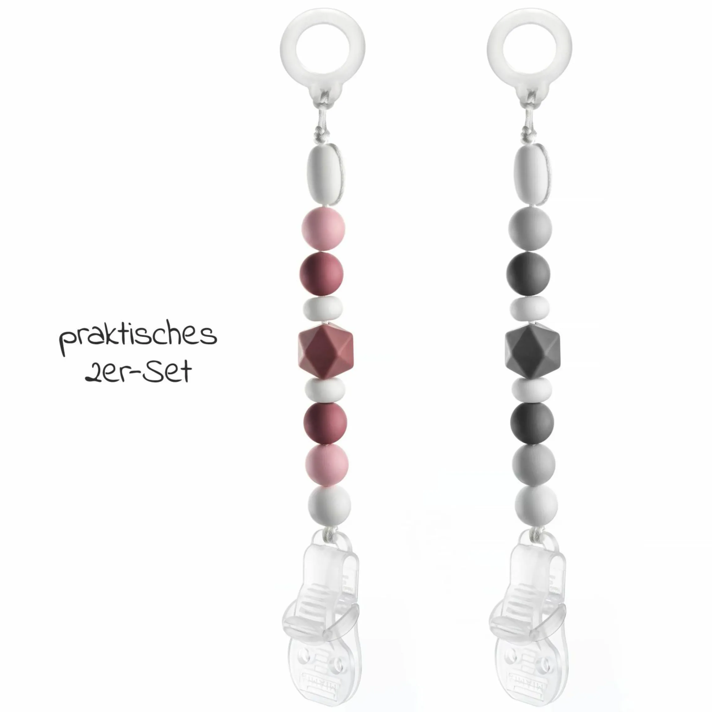 Schnullerkette mit Silikon-Perlen & Gummiring inkl. Clip - 2er Set - Grau Beere