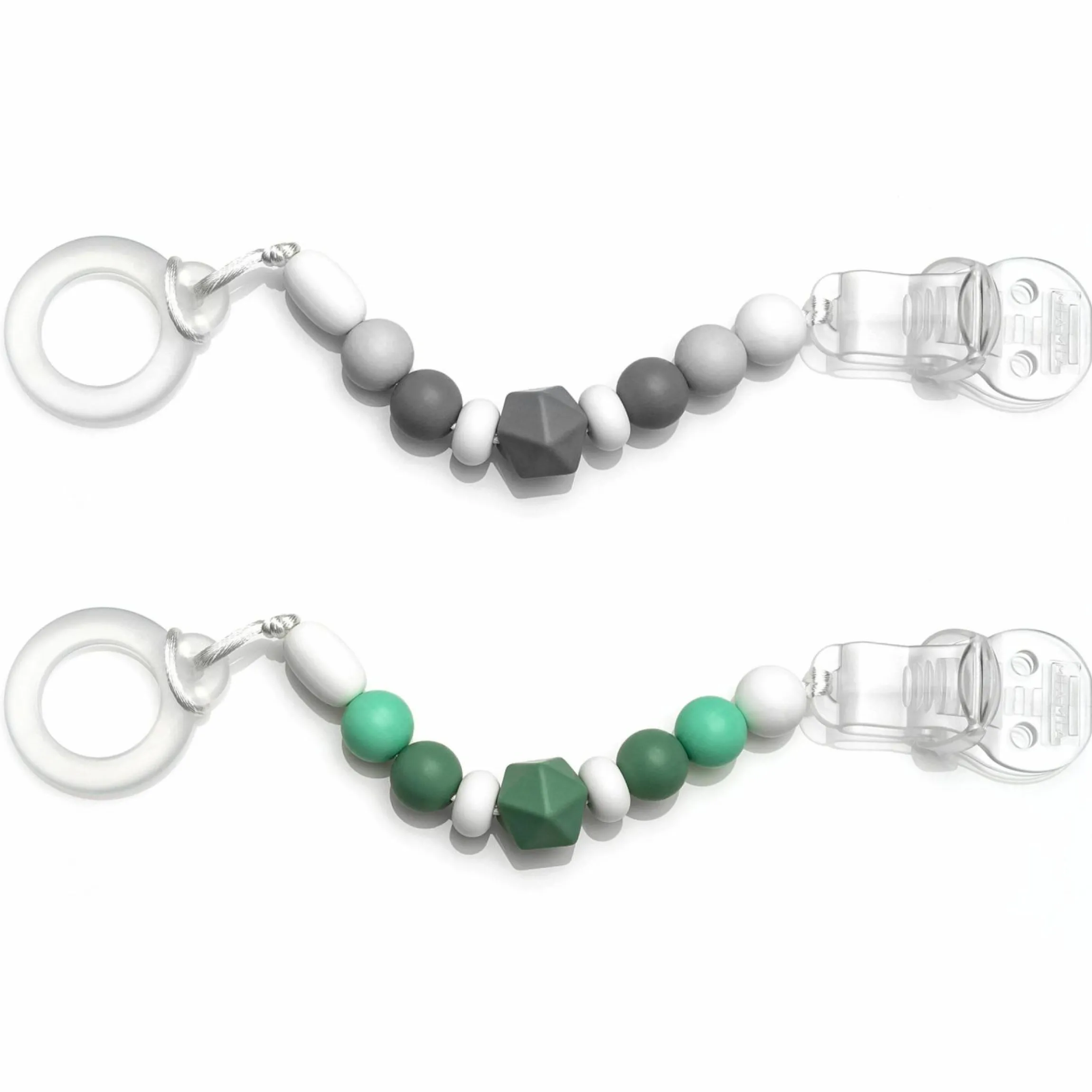 Schnullerkette mit Silikon-Perlen & Gummiring inkl. Clip - 2er Set - Grau Grün