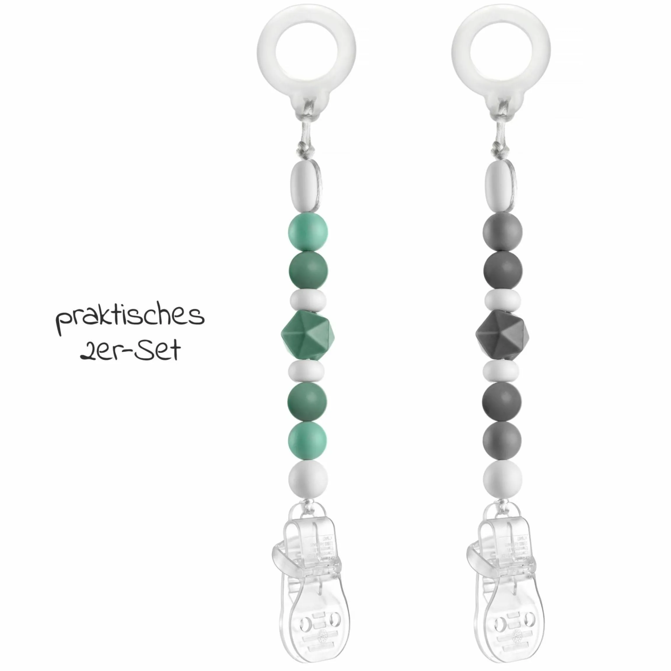 Schnullerkette mit Silikon-Perlen & Gummiring inkl. Clip - 2er Set - Grau Grün