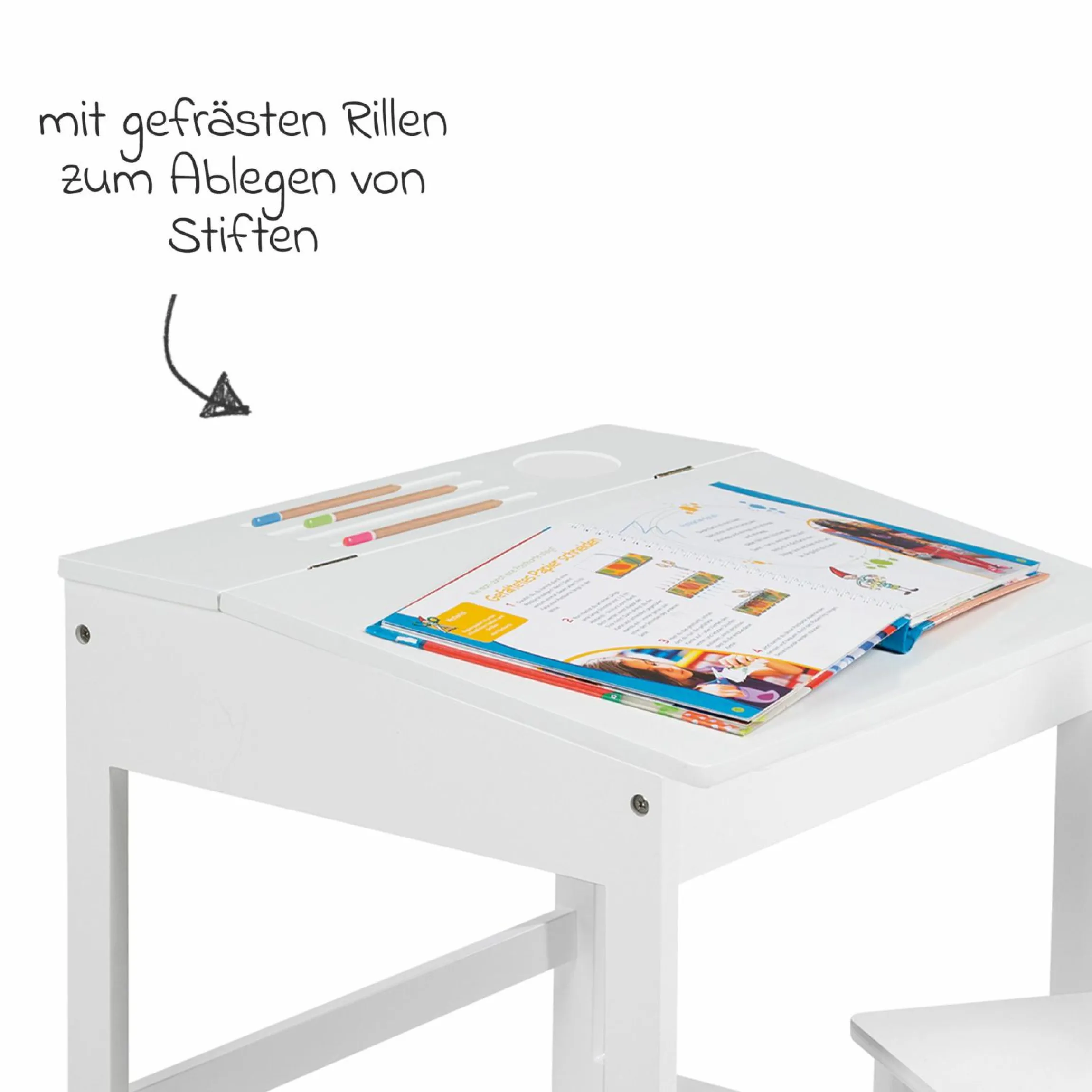 Schulpult mit Stauraum unter der aufklappbren Arbeitsfläche inkl. 1 Stuhl - - Weiß