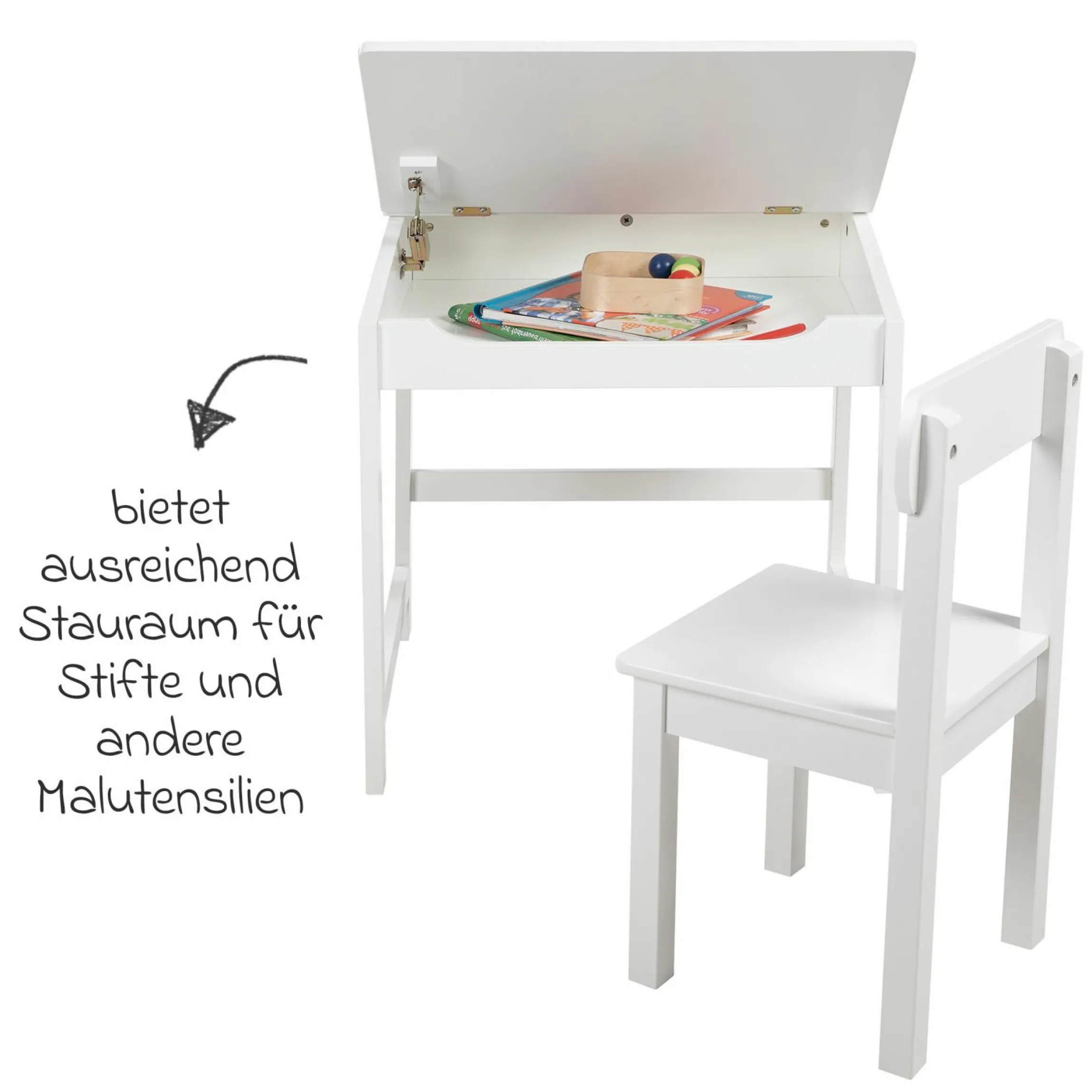 Schulpult mit Stauraum unter der aufklappbren Arbeitsfläche inkl. 1 Stuhl - - Weiß
