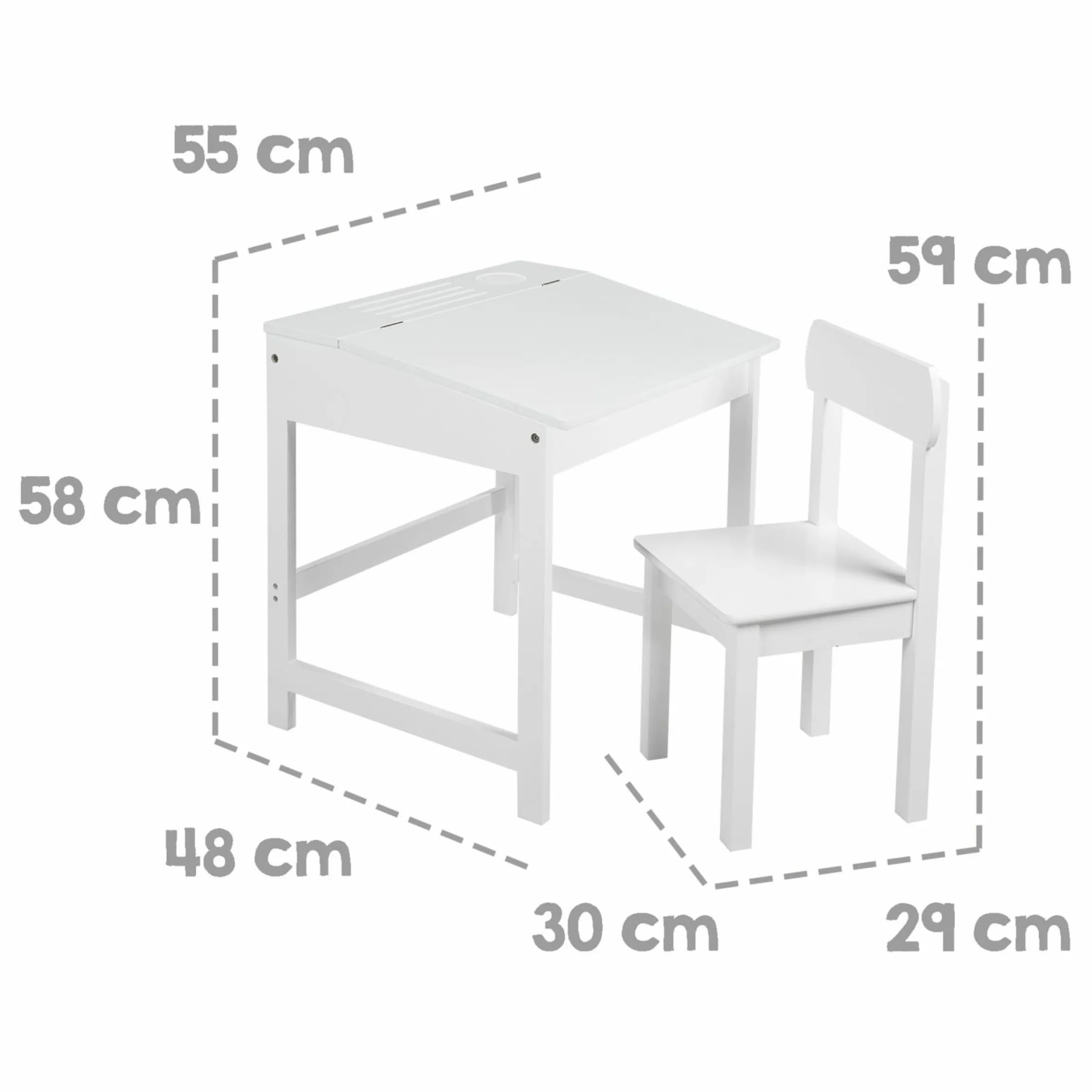 Schulpult mit Stauraum unter der aufklappbren Arbeitsfläche inkl. 1 Stuhl - - Weiß