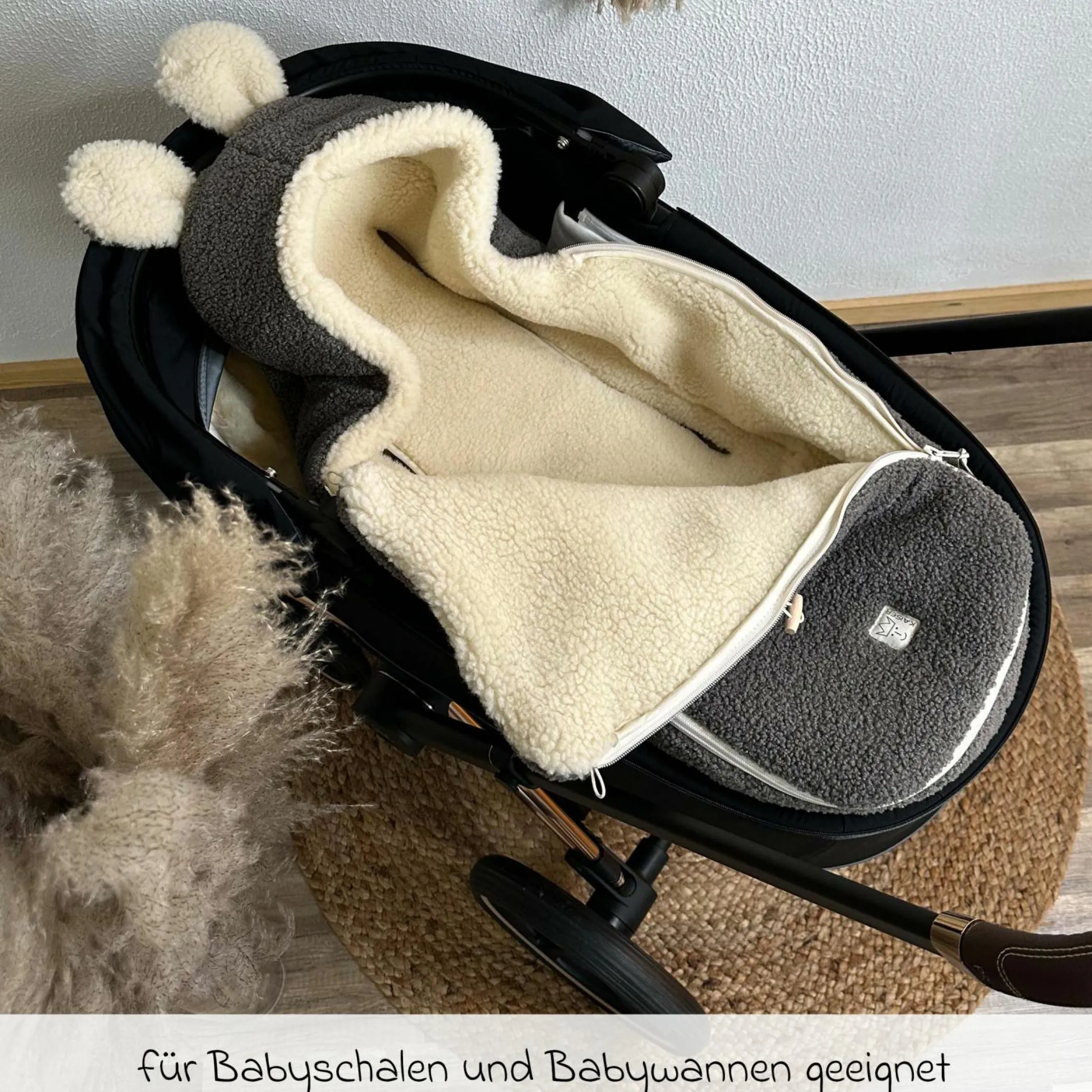 Schurwolle-Fußsack Hukky für Babyschalen & Babywannen - Grey