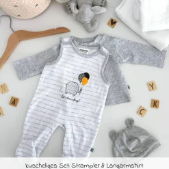 Set Strampler & Shirt - Let's have a Party Offwhite Grau Melange Ringel - Gr. 62/68