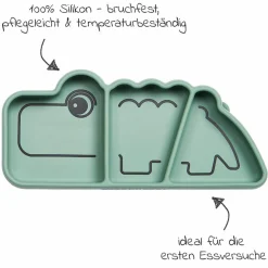 Silikon-Esslern-Teller mit Saugfuß - Stick & Stay - Croco - Grün