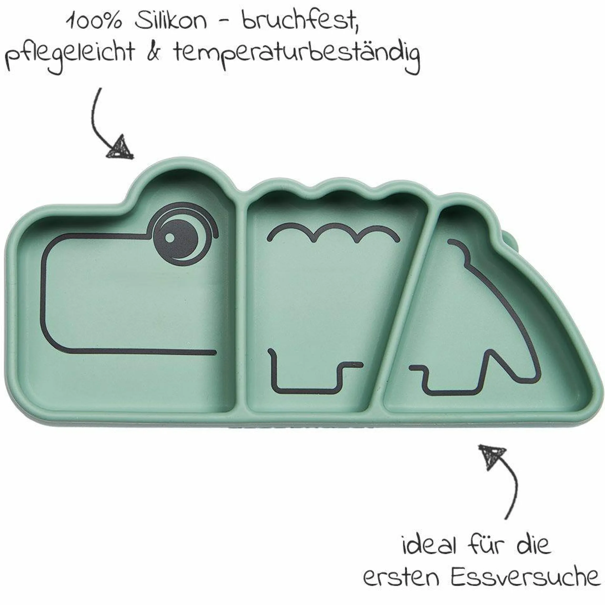 Silikon-Esslern-Teller mit Saugfuß - Stick & Stay - Croco - Grün