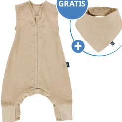 Sommer-Schlafsack mit Füßen Musselin / Sleep-Overall Light Mull + GRATIS Halstuch - Sand-Beige - Gr. 70 cm