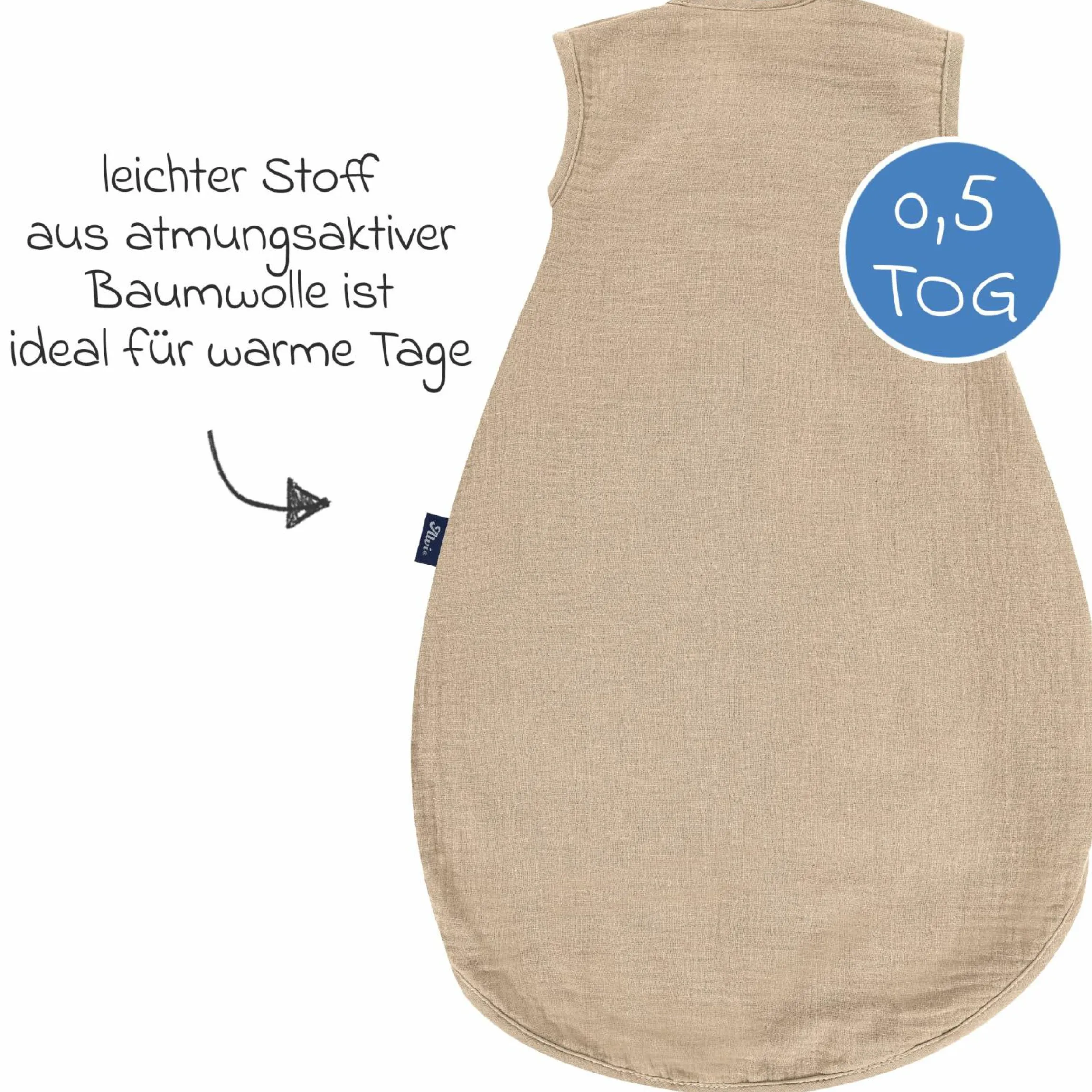 Sommer-Schlafsack Sommertraum Light Mull - GRATIS Halstuch / Bandana-Lätzchen - Sand-Beige - Gr. 60 cm