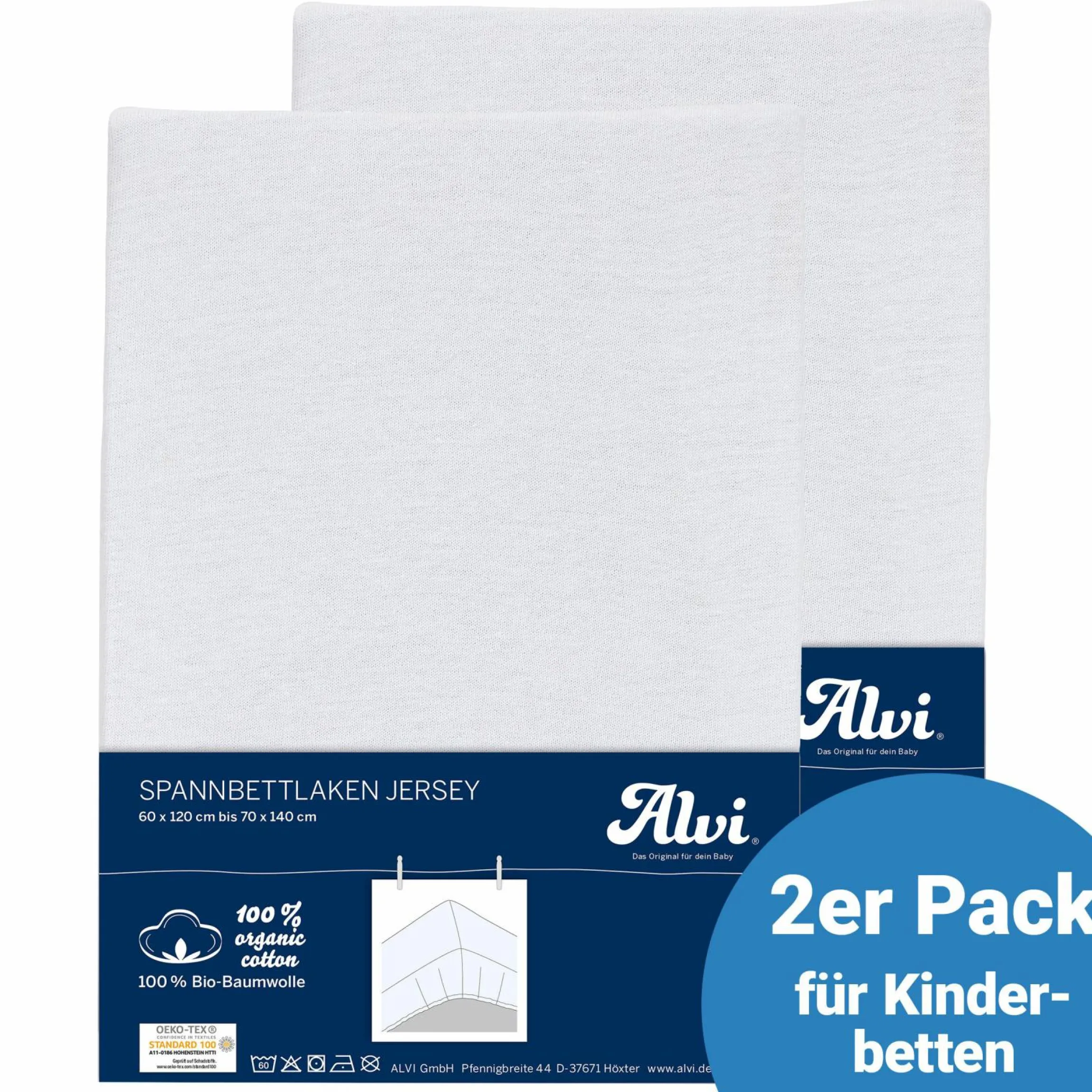 Spannbetttuch 2er Pack aus Bio-Baumwolle für Kinderbett 60 x 120 / 70 x 140 cm - Weiß