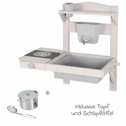 Spiel- und Matschküche kompakt zum Hängen mit Spielwanne, Herdplatte, Wasserbehälter mit Wasserhahn inkl. Zubehör - Grau