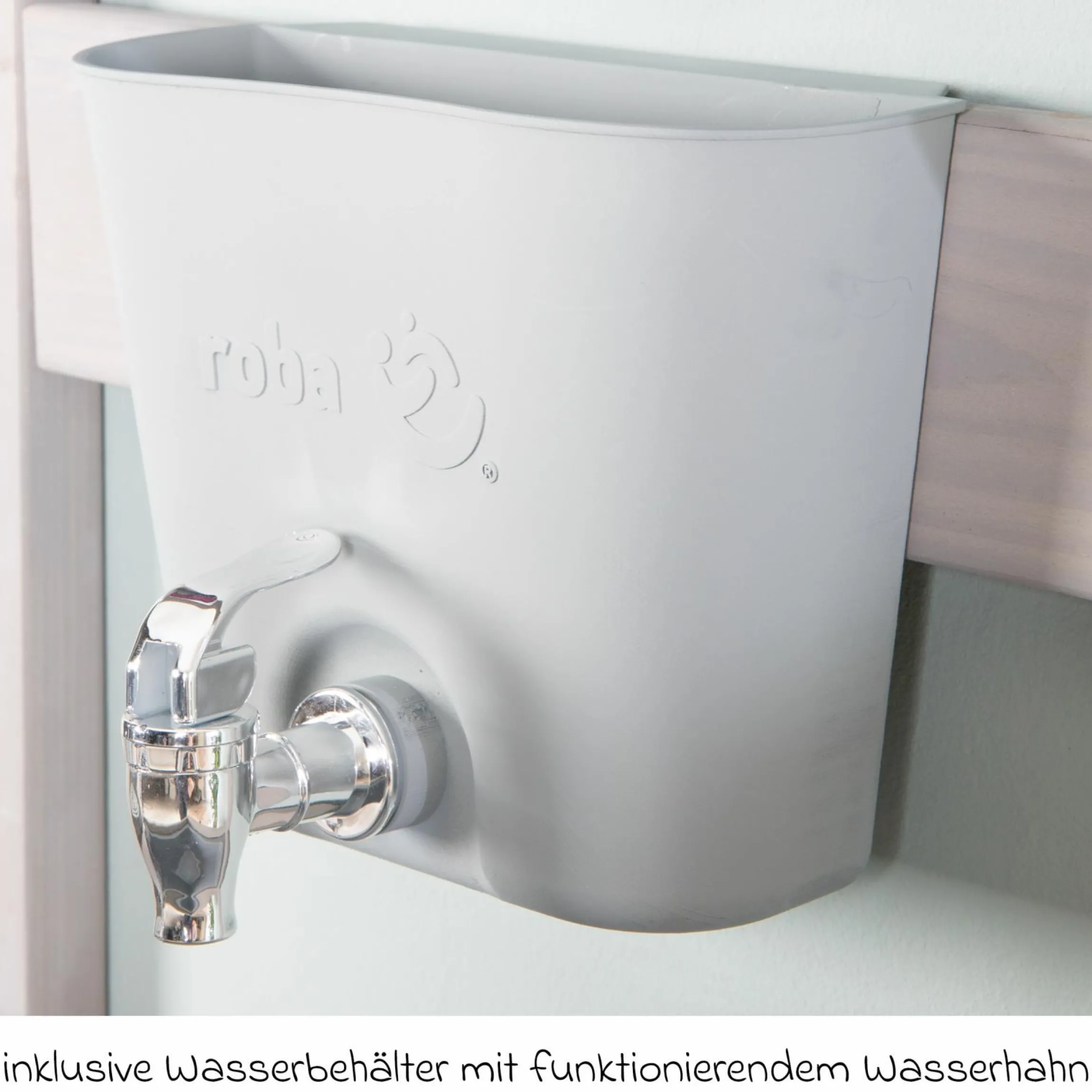 Spiel- und Matschküche kompakt zum Hängen mit Spielwanne, Herdplatte, Wasserbehälter mit Wasserhahn inkl. Zubehör - Grau